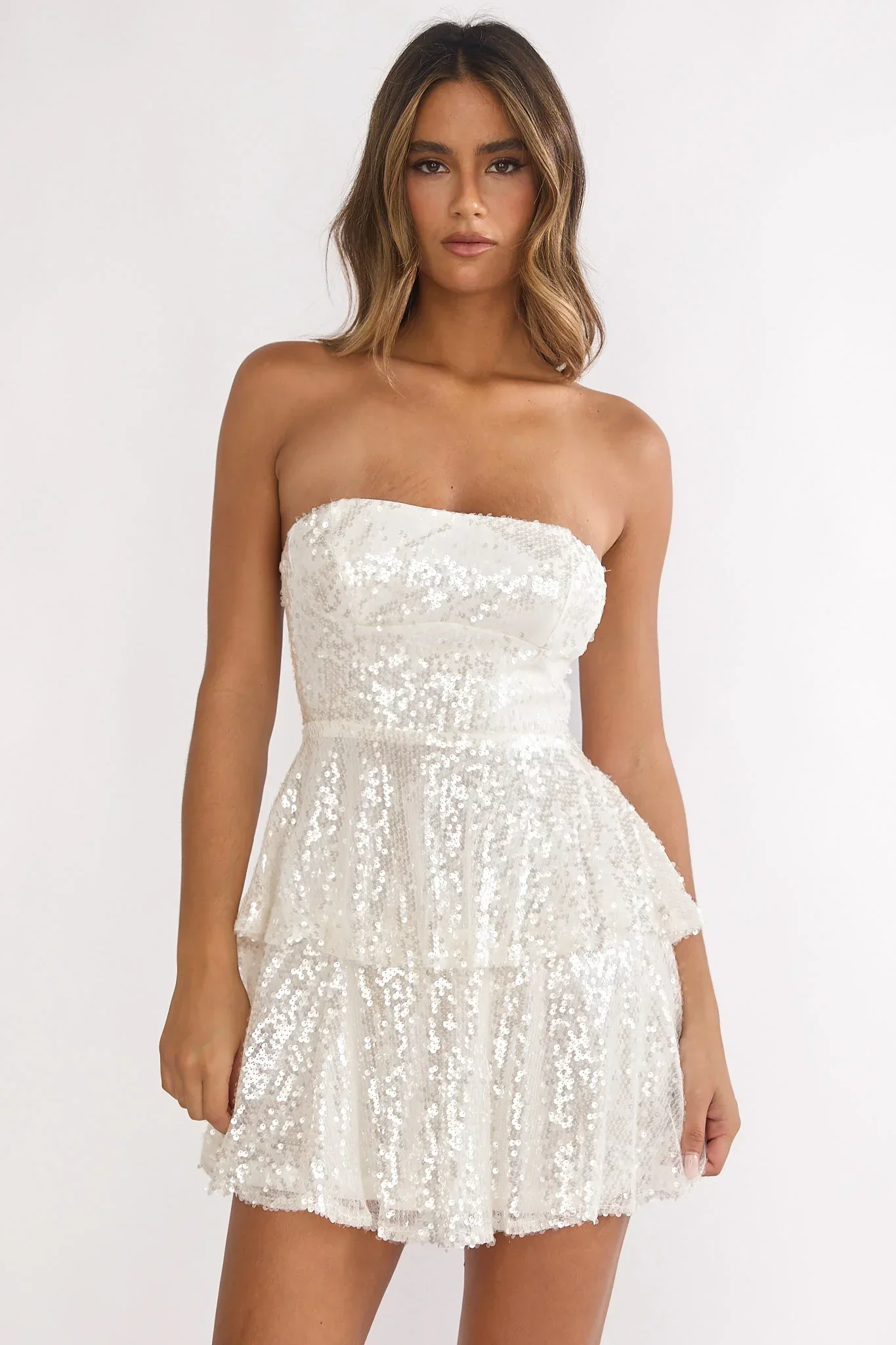 Provence Bloom Tiered Sequin Mini Dress White