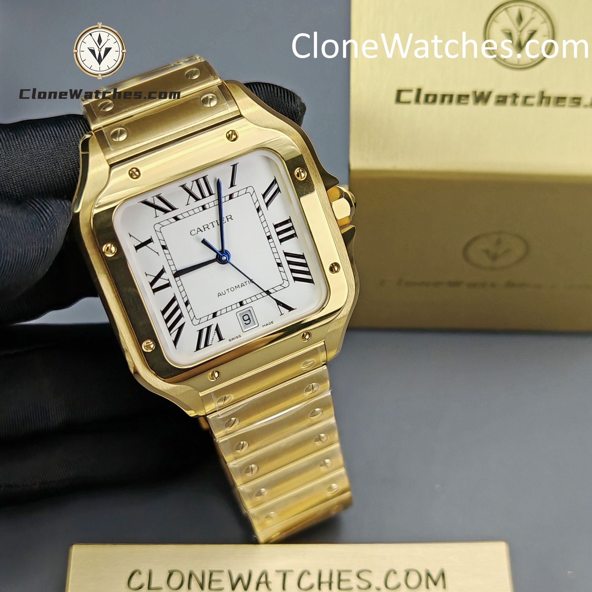 Cartier Super Clone Watches 1:1 Santos 18K Gold White Dial 39.8MM WGSA0009