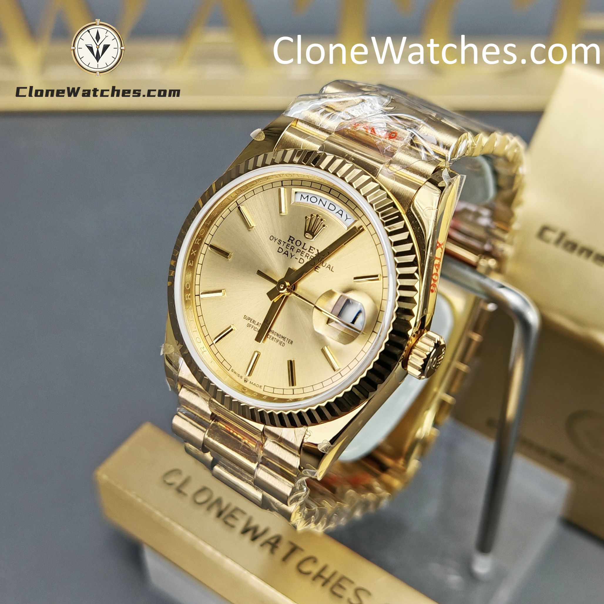 Rolex Super Clone Watches 1:1 Day Date 18K Gold Champagne Dial 36mm m128238-0045 3255 Movement