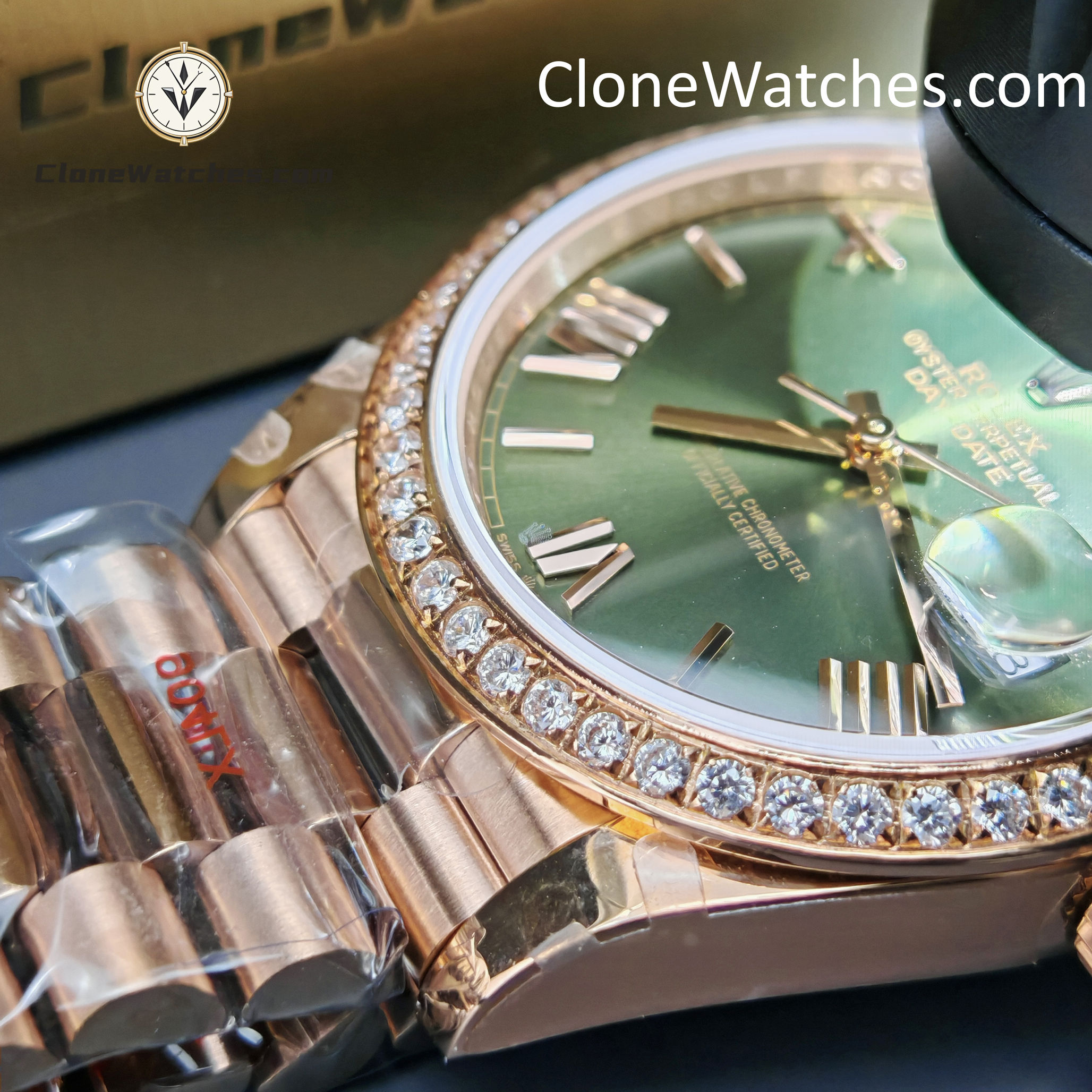 Rolex Super Clone Watches 1:1 Day Date Rose Gold Green Roman Dial 40mm m228345rbr-0011 3255 Movement