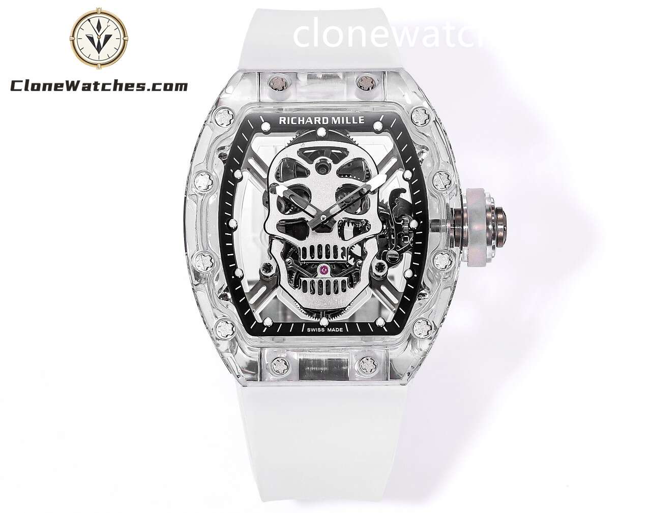 Richard Mille Super Clone Watches 1:1 RM 052 Full Transparent Tourbillon Skull White Strap
