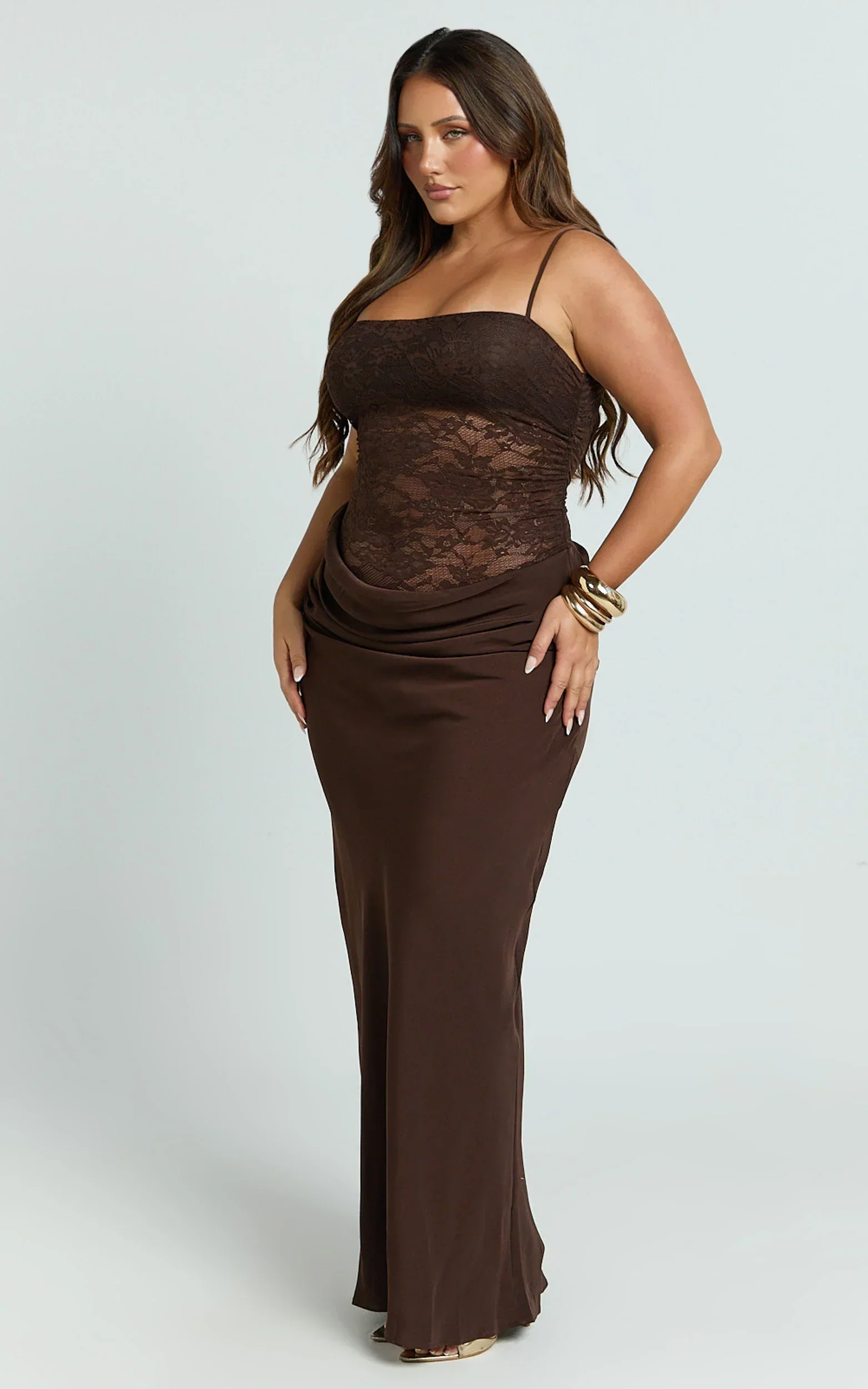 Rania Maxi Dress - Contrast Lace Bodice Bias Cowl Drop Waist Dress in Chocolate