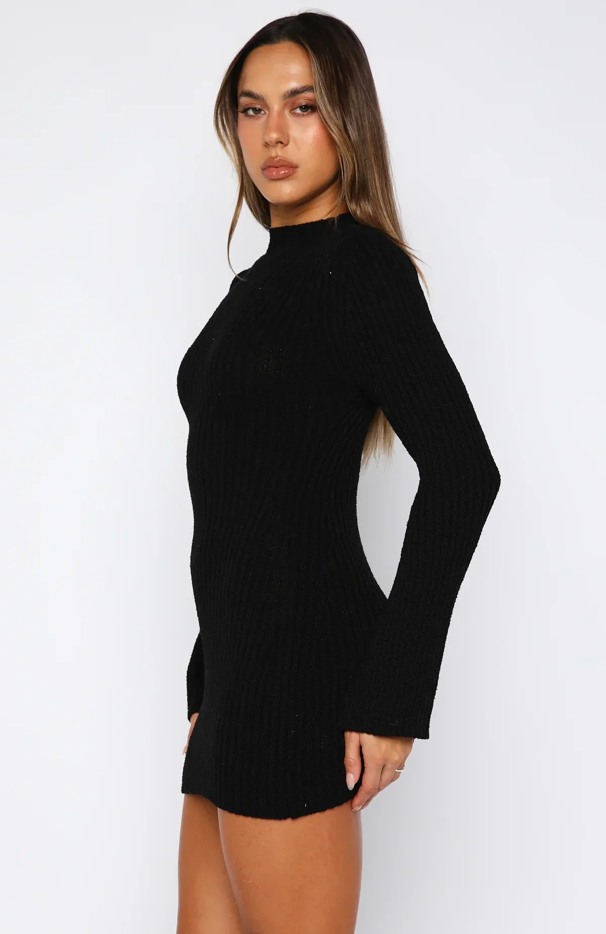 Get On Down Long Sleeve Knit Mini Dress Black