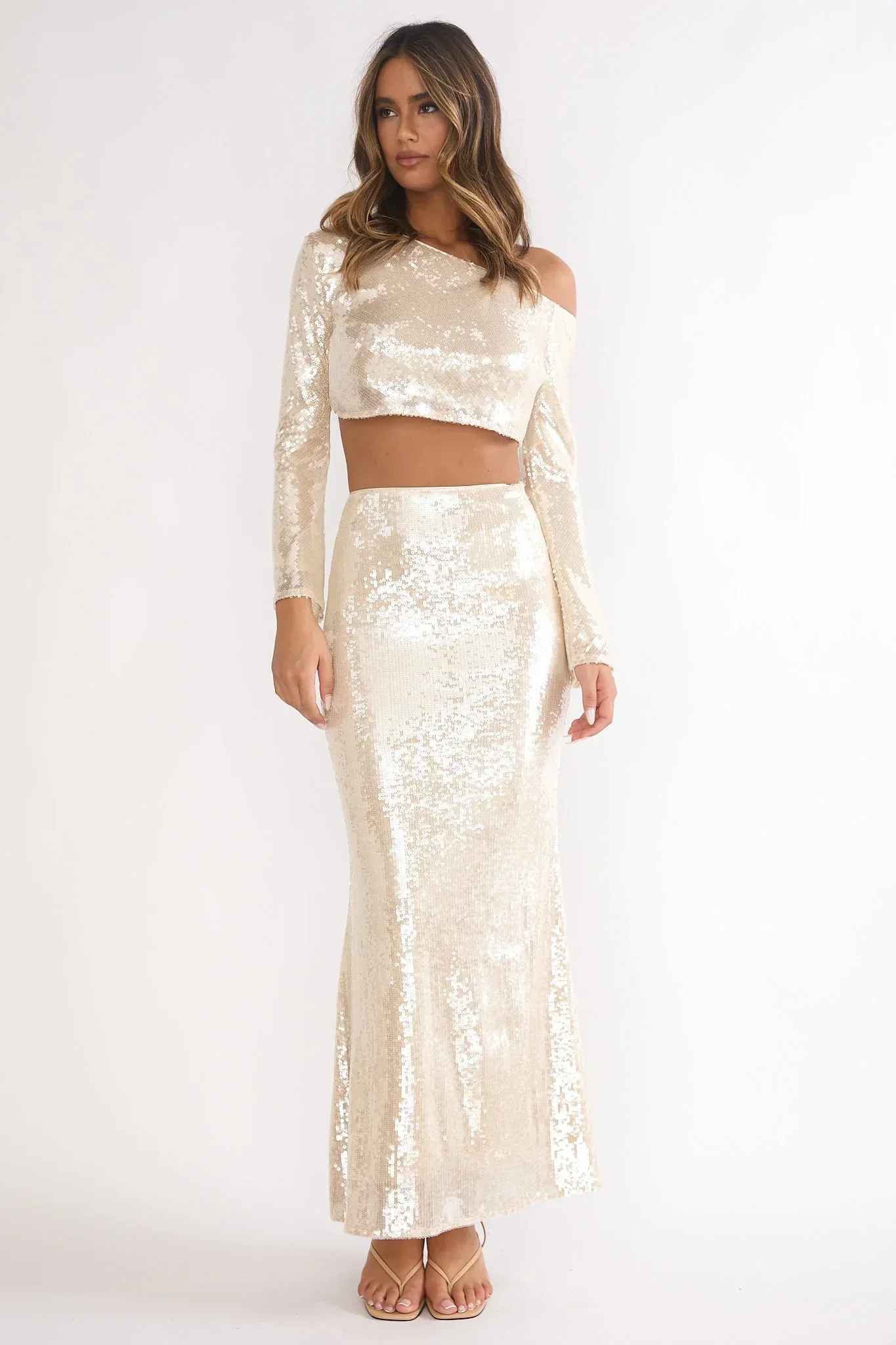 Crystalline Sequin Maxi Skirt Champagne