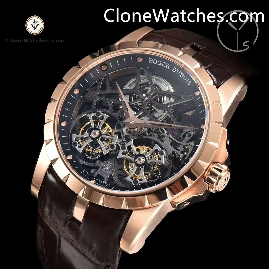 Roger Dubuis Super Clone Watches 1:1 Excalibur Rose Gold Skeleton Double Flying Tourbillon RDDBEX0395 45MM