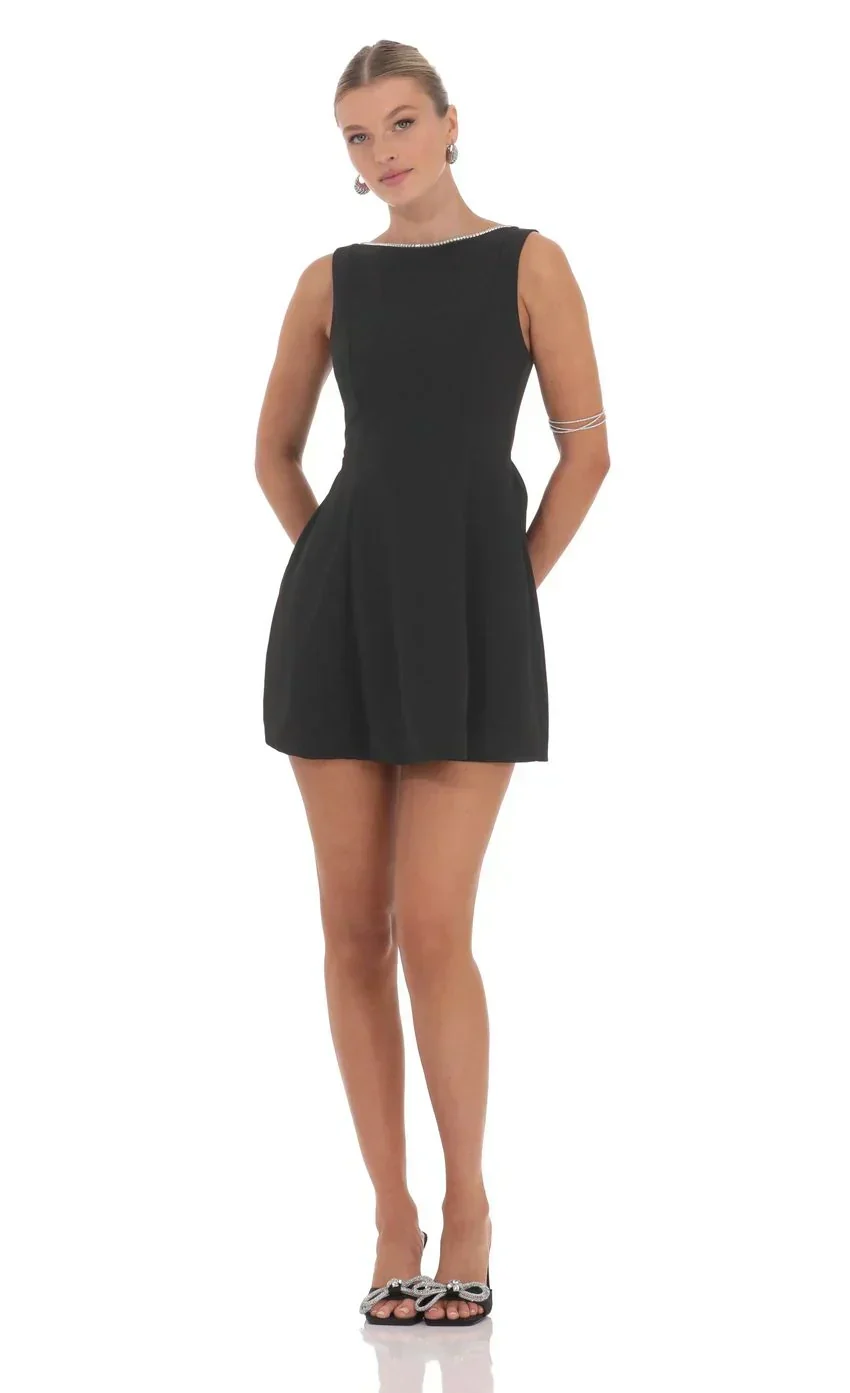 Attachable Rhinestone Fishtail Dress in Black