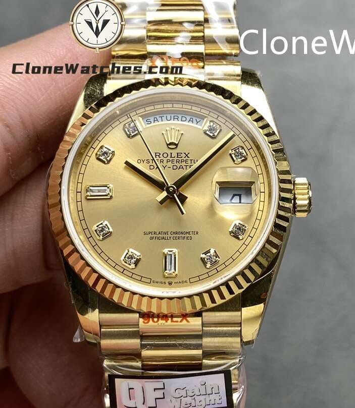 Rolex Super Clone Watches 1:1 Day Date 18K Gold Champagne Dial 36mm m128238-0008 3255 Movement