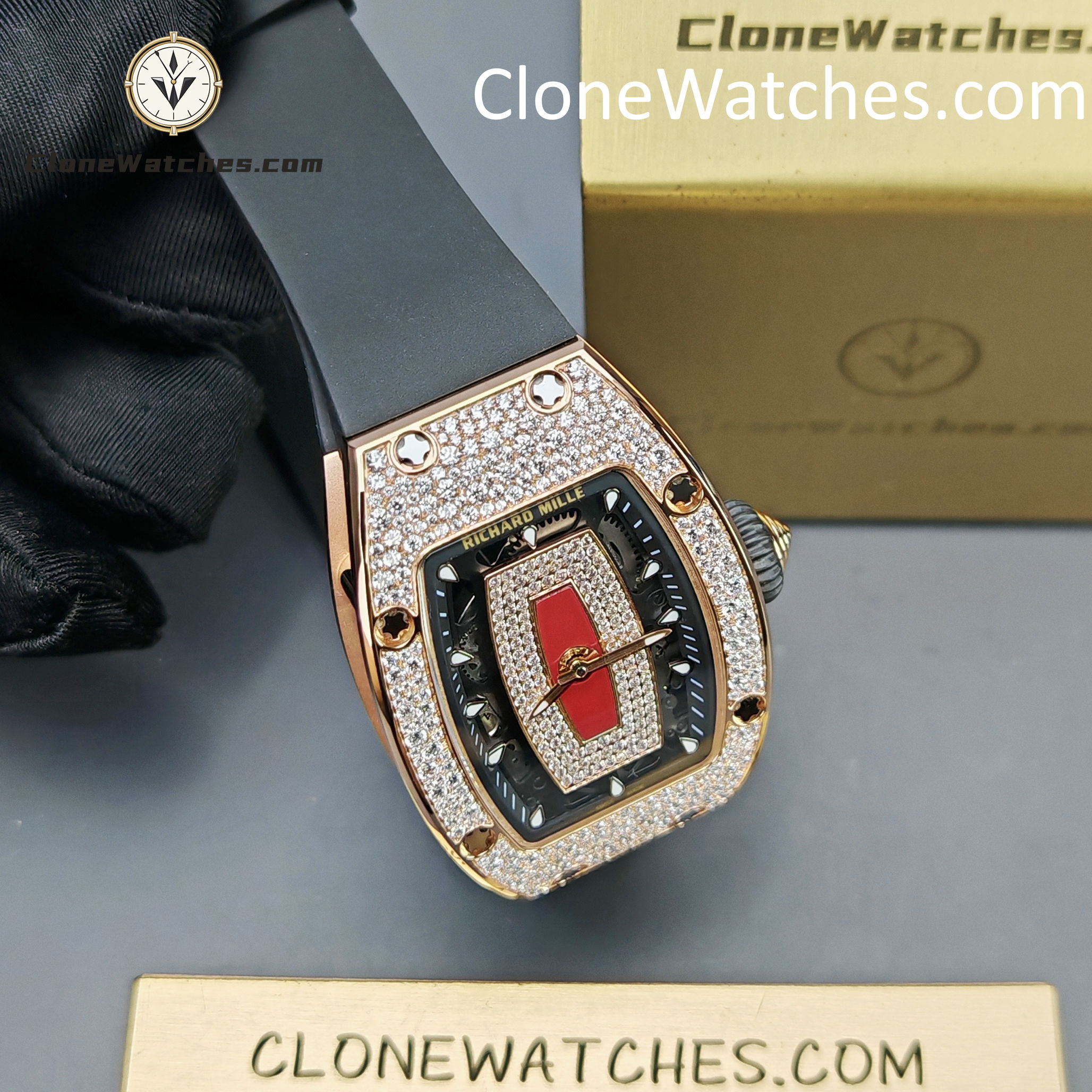 Richard Mille Super clone watches 1:1 RM 07-01Rose Gold Diamond dial Black strap