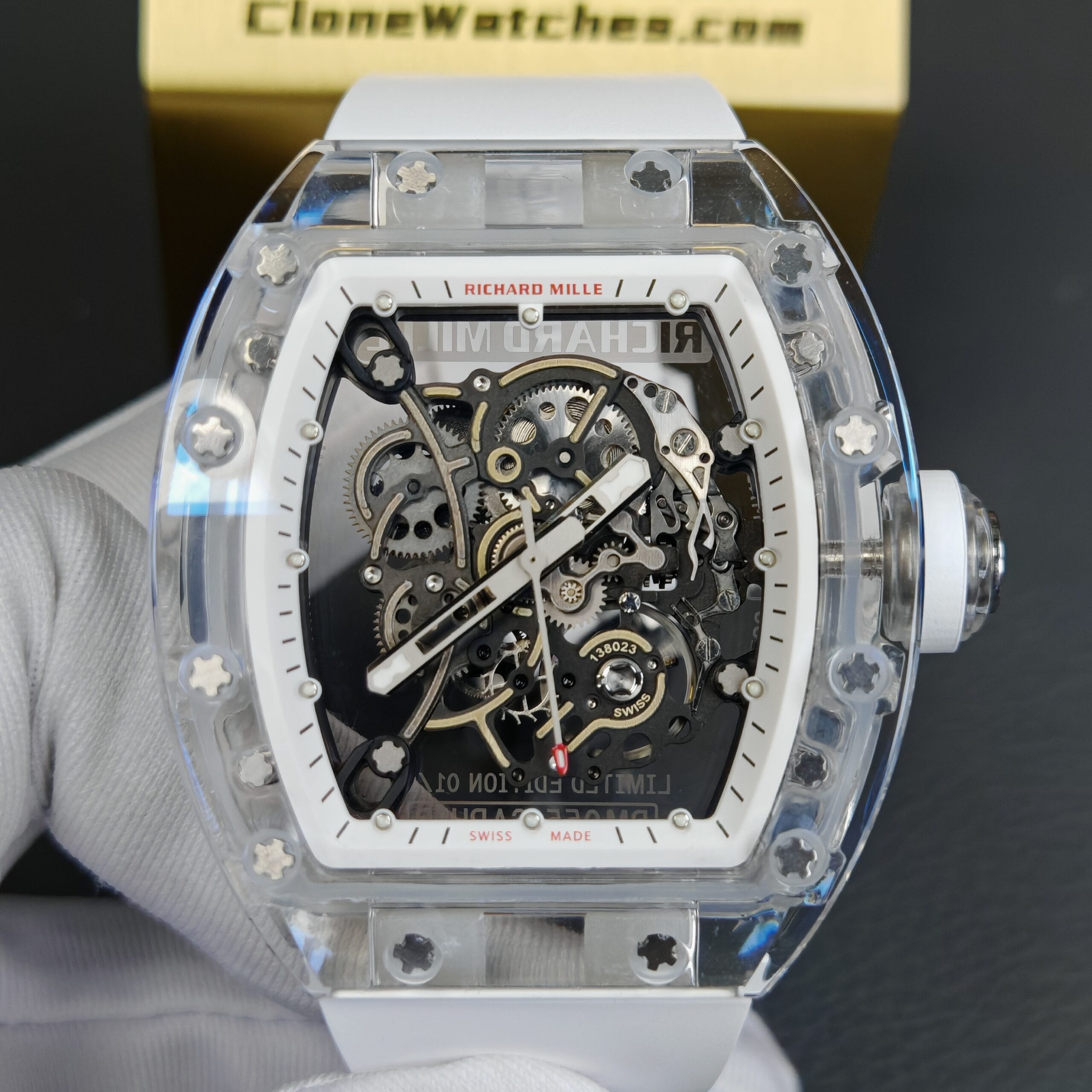 Richard Mille Super Clone Watches 1:1 RM 055 Full Transparent Tourbillon White Strap