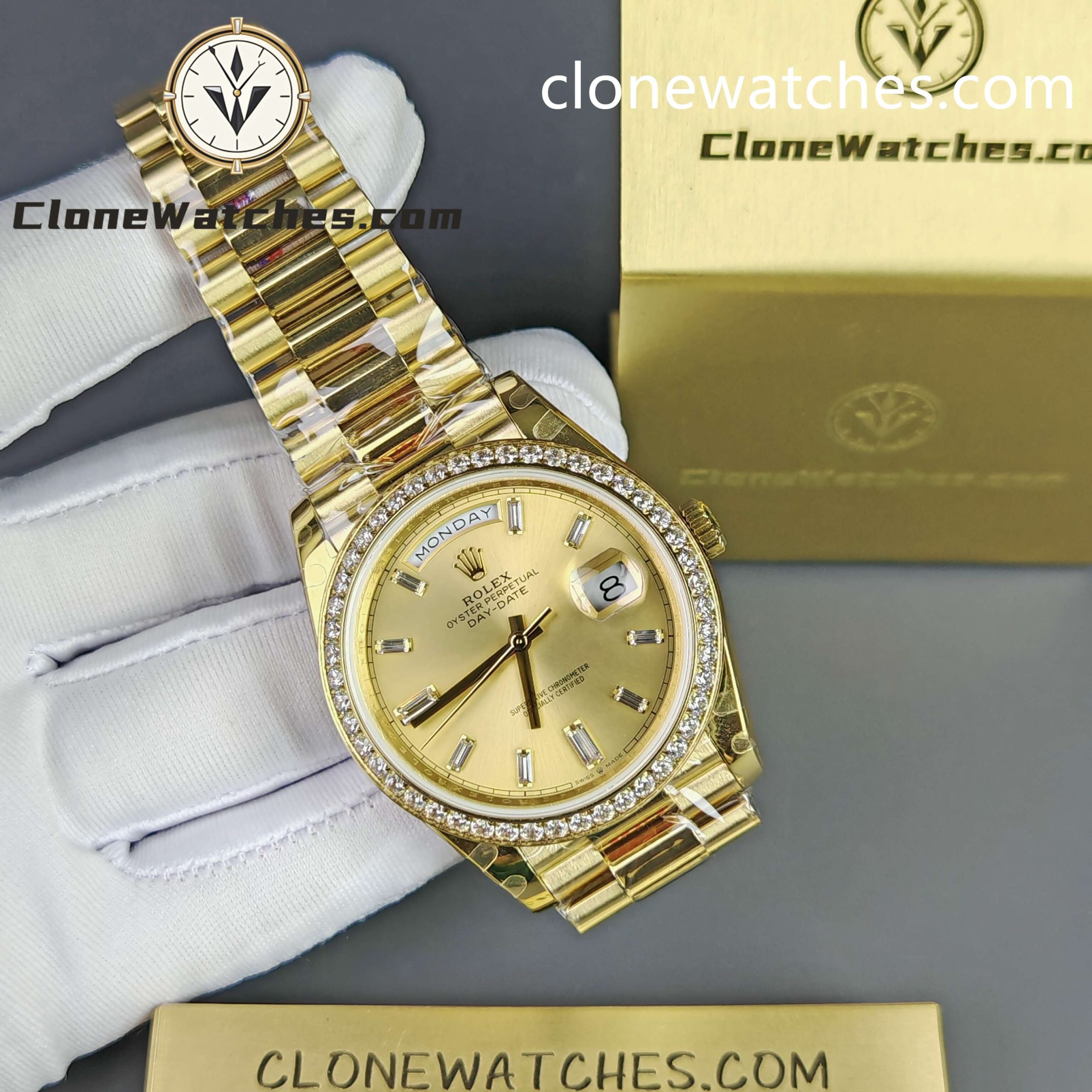 Rolex Super Clone Watches 1:1 Day Date Gold Dial Diamond Bezel M228348rbr-0002 40mm 3255 Movement