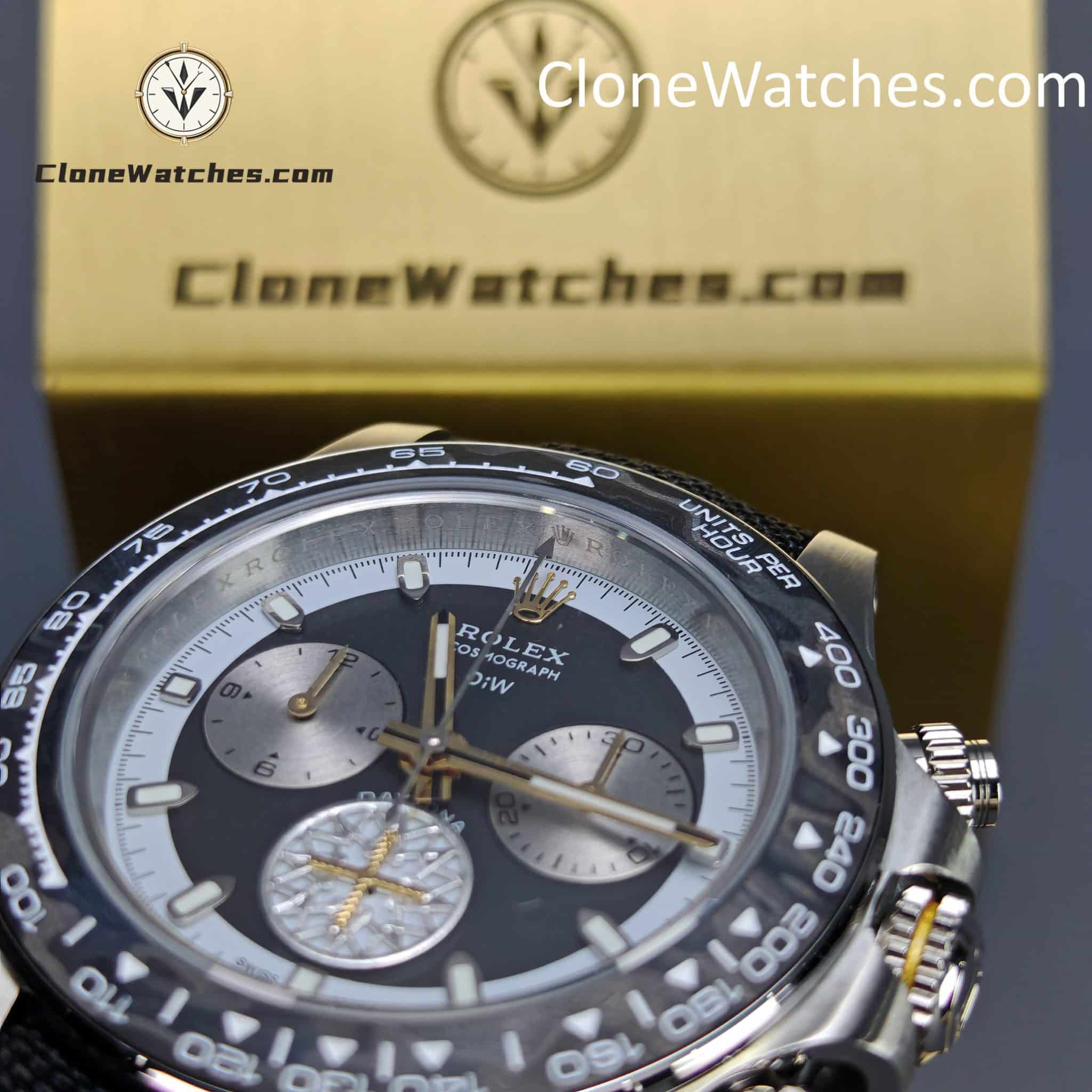 Modified Super Clone Watches 1:1 DiW Rolex Daytona “EXCEPTIONAL UNIQUE” 4130 Movement Black Strap