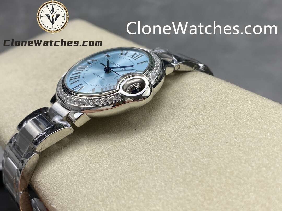 Cartier Super Clone Watches 1:1 Ballon Bleu de W4BB0028 Blue Dial Diamond Bezel 33mm