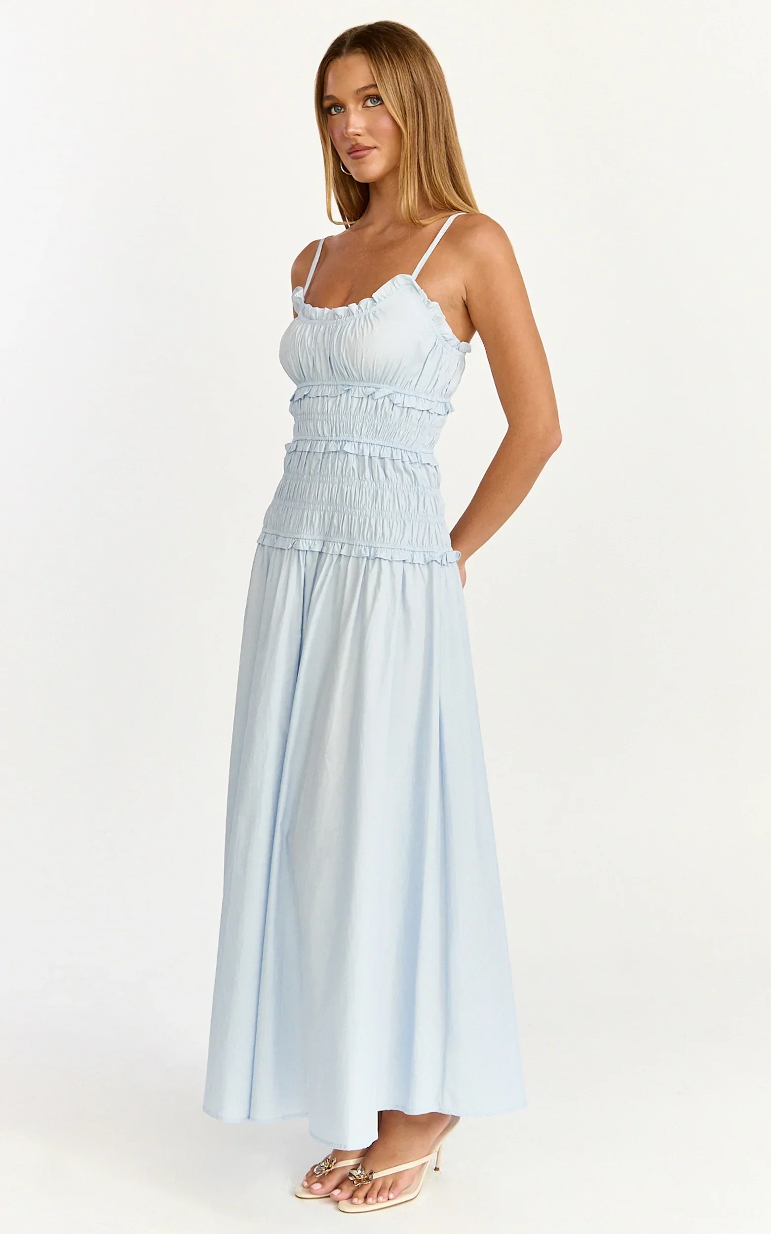 Cami Midi Dress - Rushed Bodice Dress in Blue