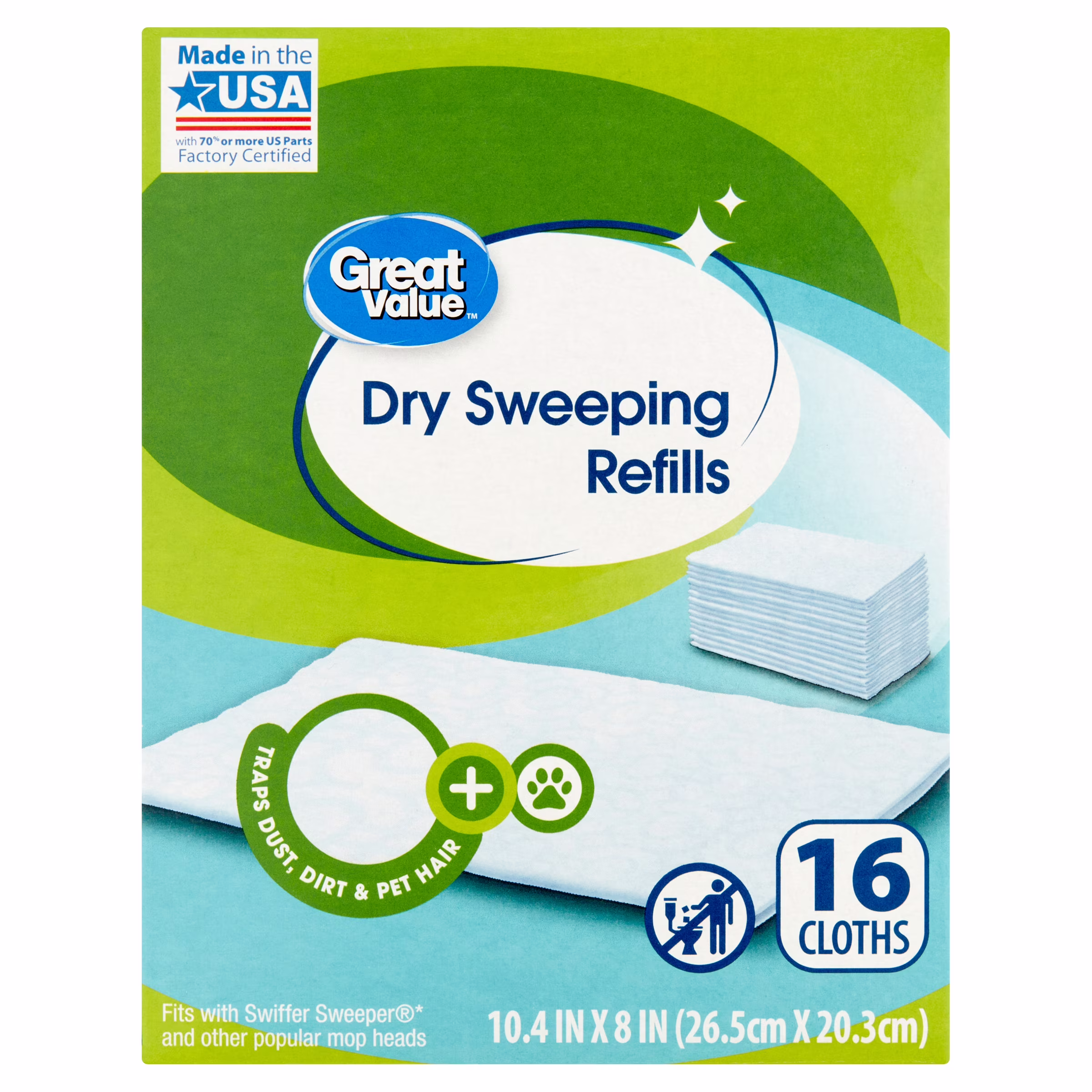 Great Value Dry Sweeping Cloth Refills, White, 16 Count