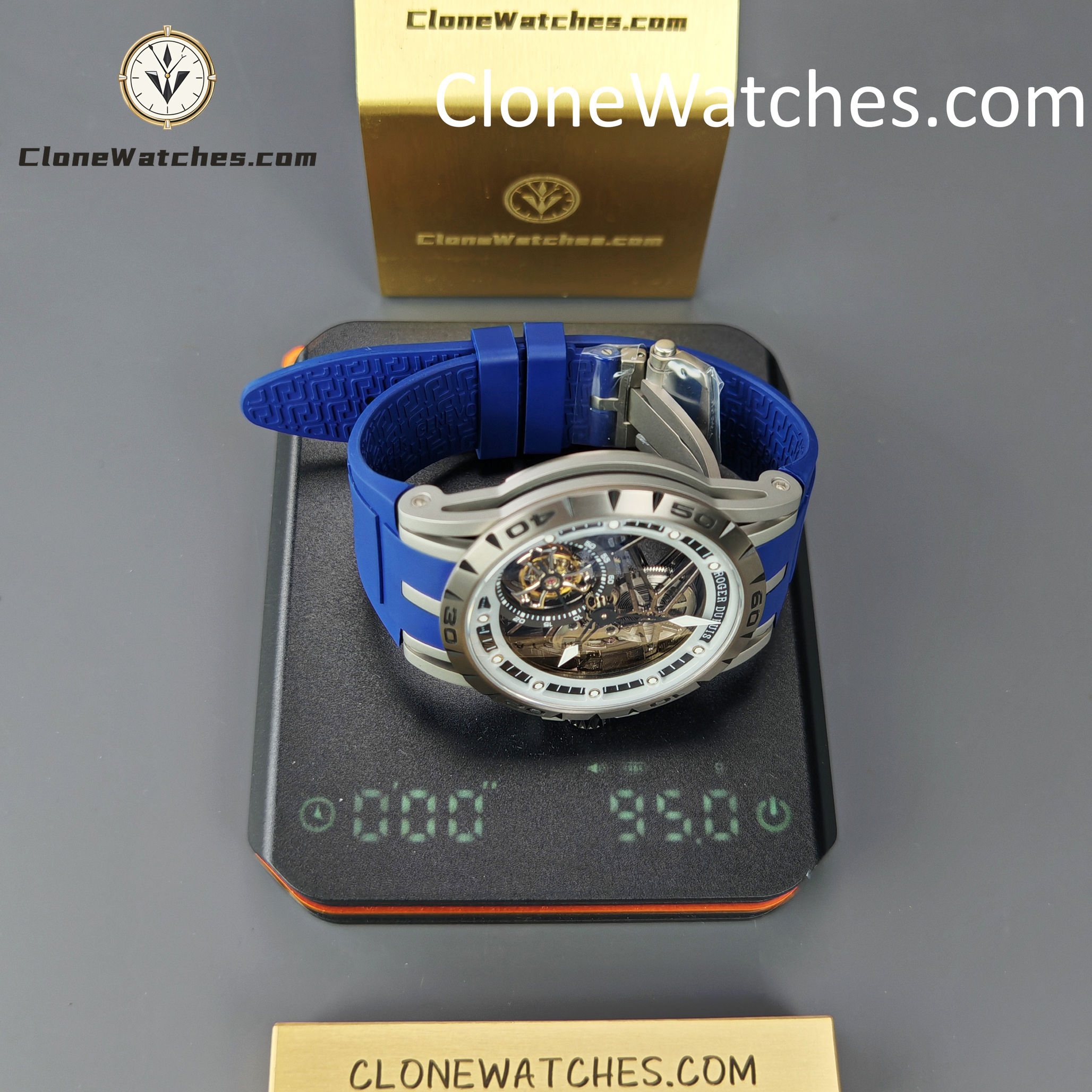 Roger Dubuis Super Clone Watches 1:1 Excalibur Skeleton Tourbillon RDDBEX0479 45MM Blue Strap