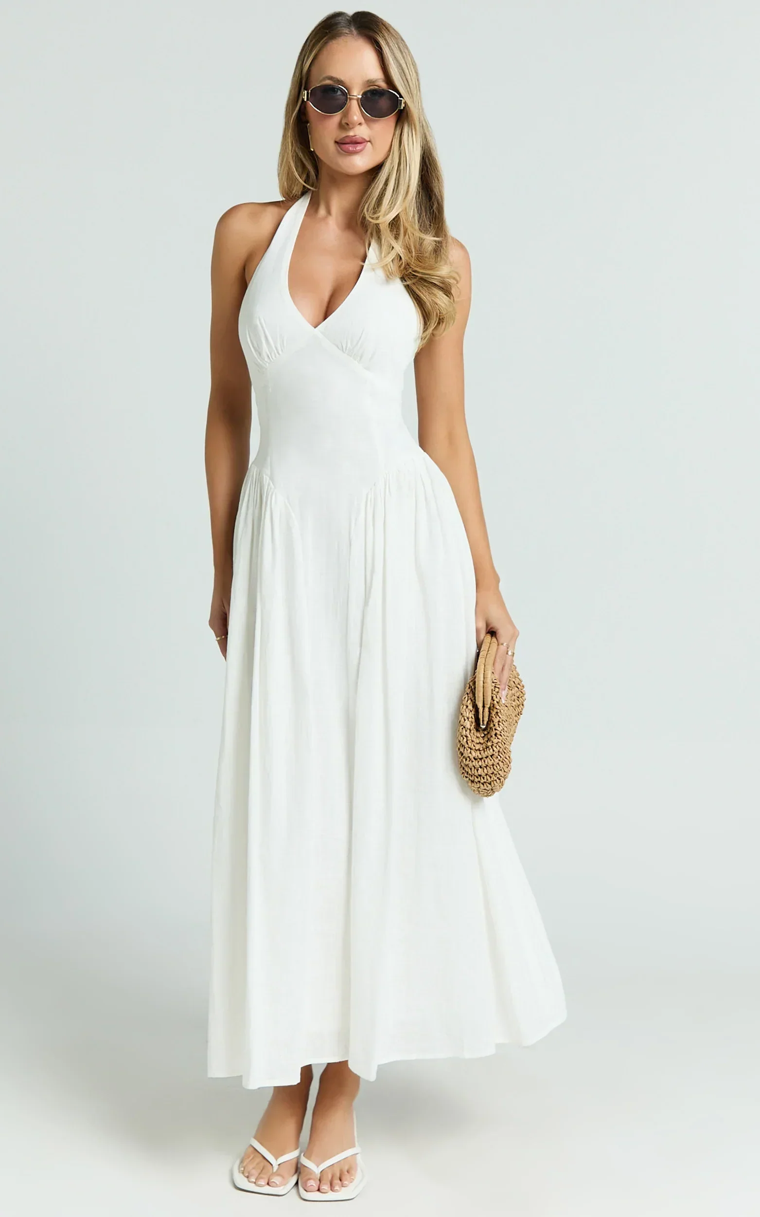 Athena Midi Dress - Halter Drop Waist Dress in White