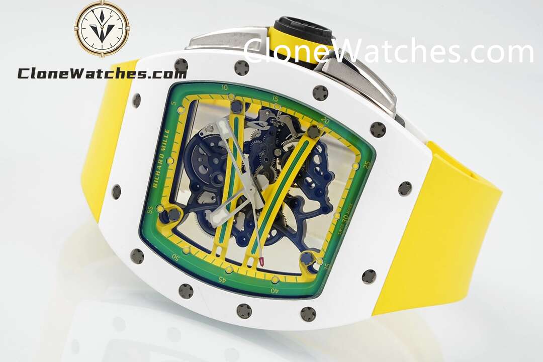 Richard Mille Super Clone Watches 1:1 RM 61-01 White Tourbillon Yellow Strap