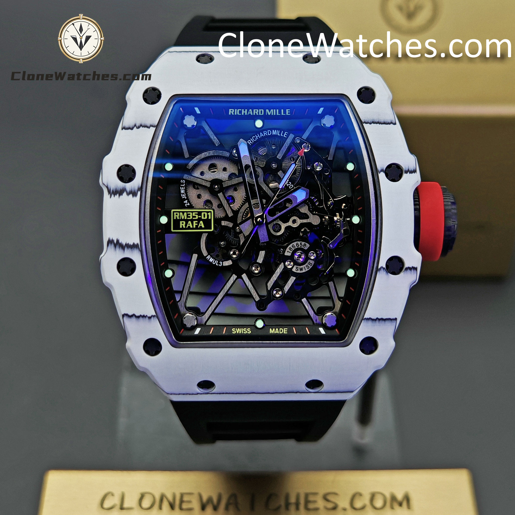 Richard Mille Super Clone Watches 1:1 RM 035 – 01 White Carbon Tourbillon Black Strap
