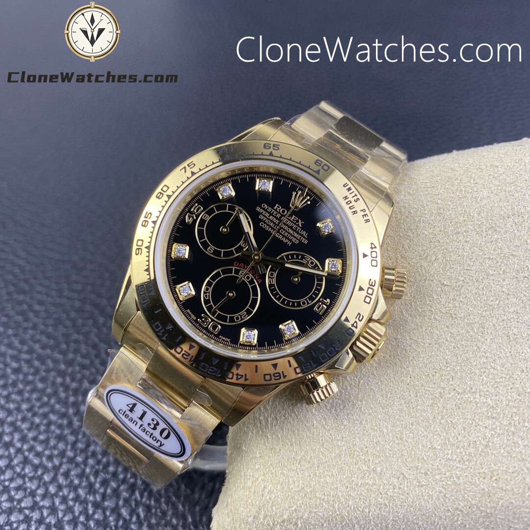 Rolex Super Clone Watches 1:1 Daytona 18K Gold Black Diamonds Dial M116508-0008 4130 Movement