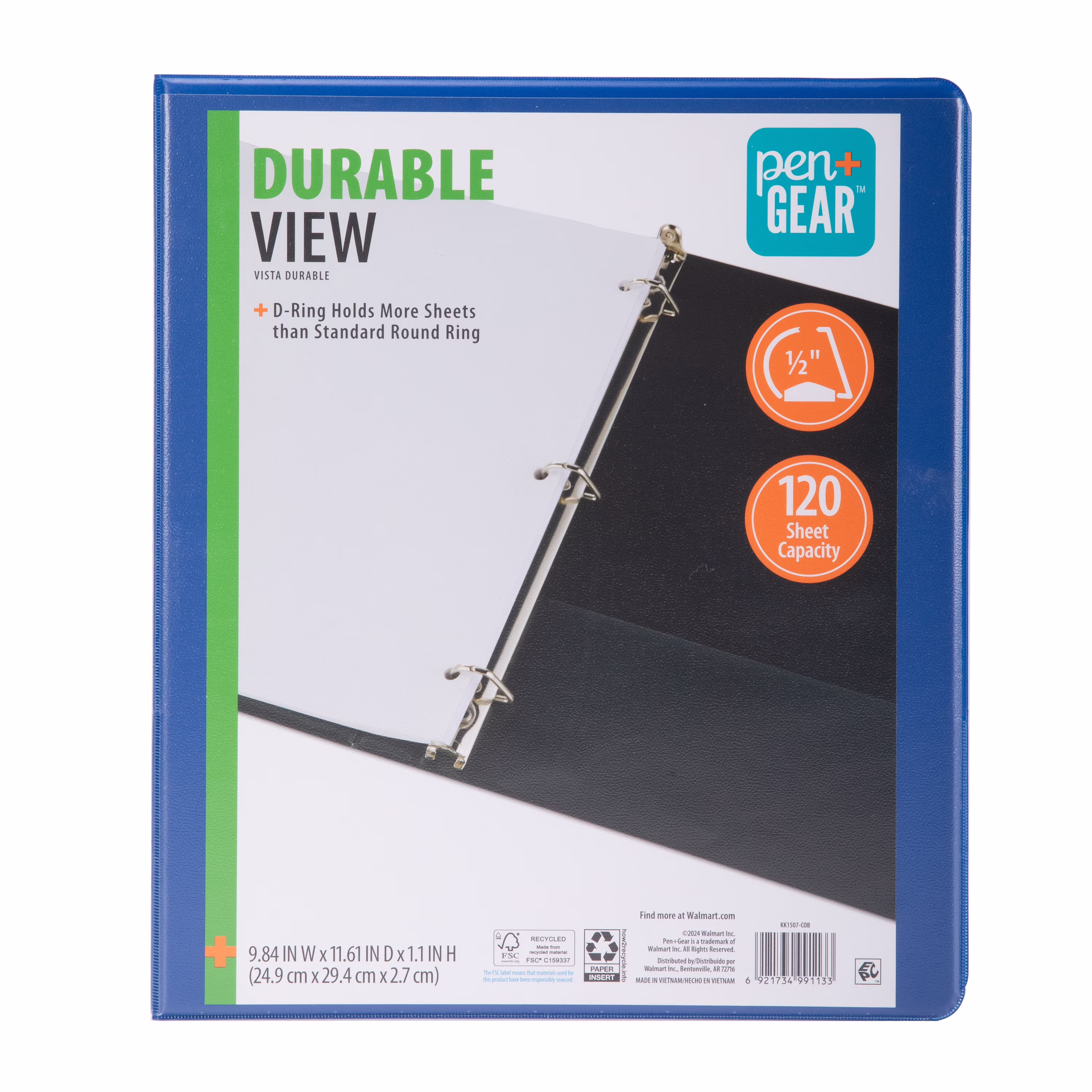 Pen+Gear Durable View 1/2 in D-Ring Binder, Cobalt Blue