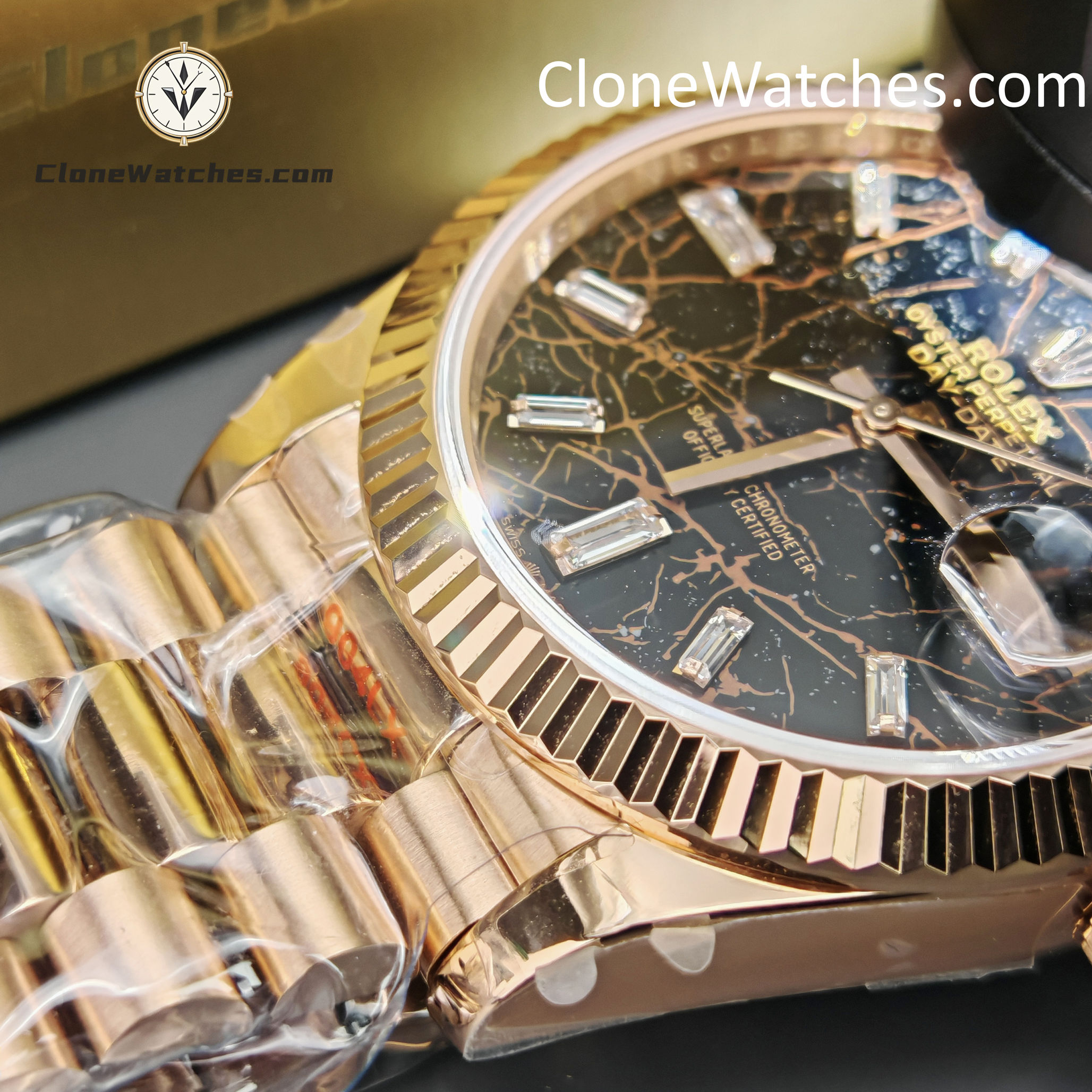 Rolex Super Clone Watches 1:1 Day Date 18K Rose Gold Black Diamond Dial 40mm m228235-0045 3255 Movement