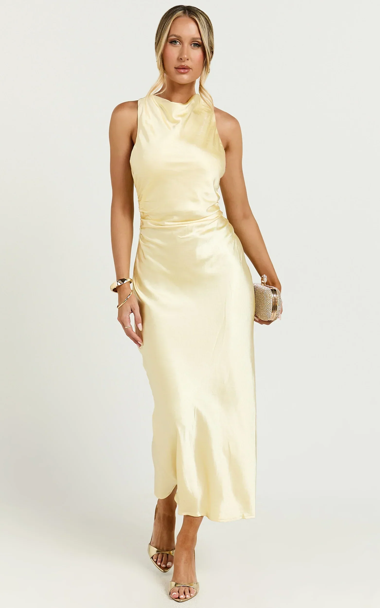 Aluna Midi Dress - High Neck Cross Back Satin Slip Dress in Lemon