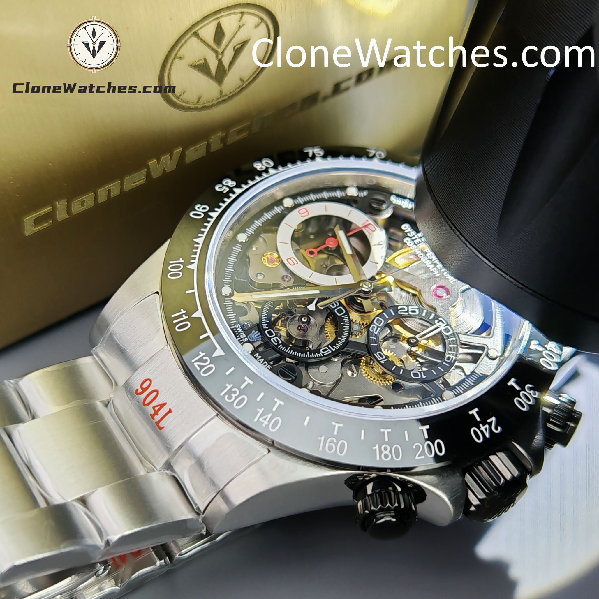 Modified Super Clone Watches 1:1 Sonic Rolex Daytona Black Skeleton Dial 4130