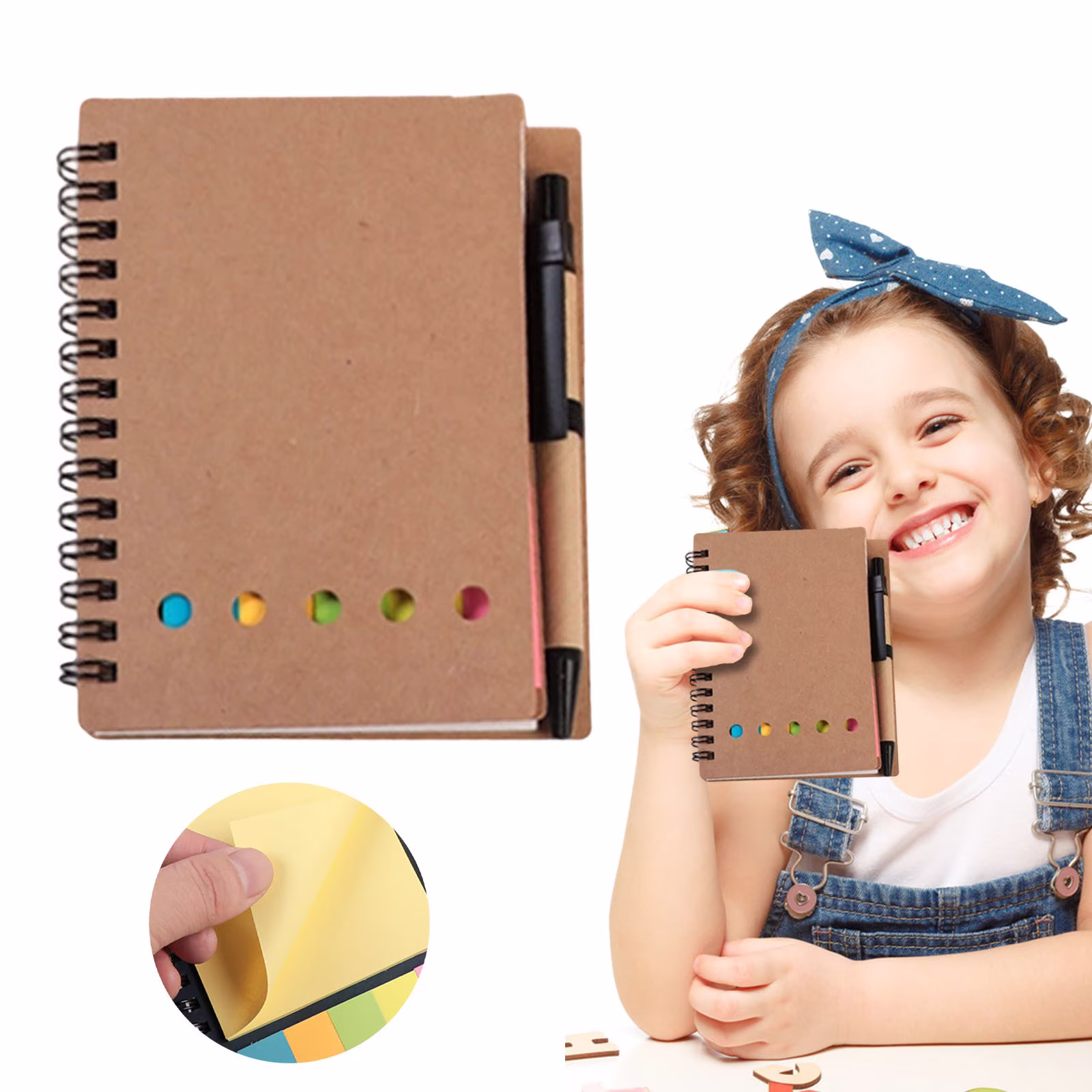 VKLU 1PC Pocket Notebook with Pen, 5x4 Inch Small Memo Pad with Sticky Tabs, 60 Sheets Lined Mini Journal Set, Kraft