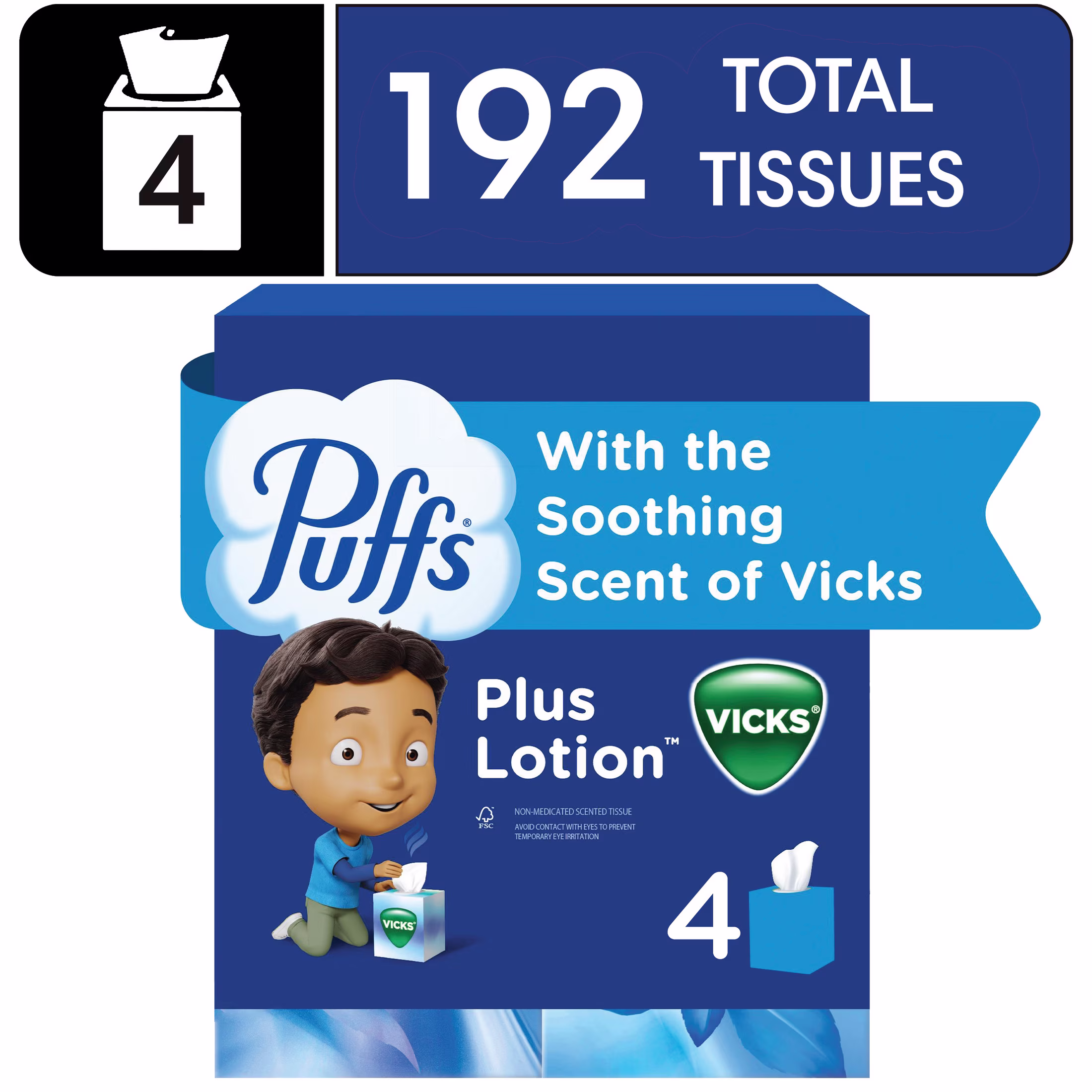 Puffs Facial Tissues Plus Lotion with the Scent of Vicks, 1 Cube Box, 48 Tissues Per Box