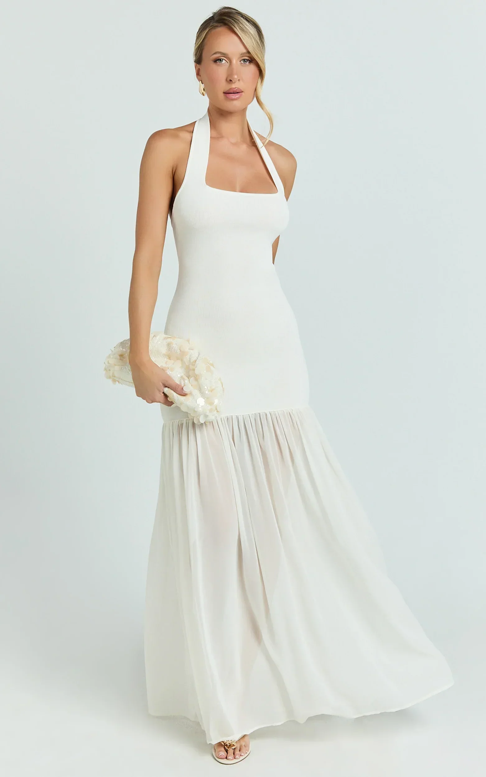 Barbara Maxi Dress - Halter Scoop Neck Contrast Georgette Dress in Ivory