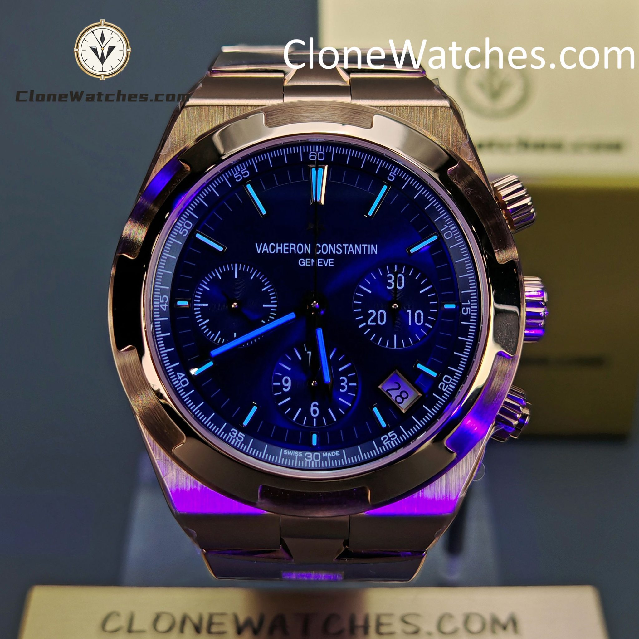 Vacheron Constantin Super Clone Watches 1:1 Overseas Chronograph Rose Gold 5500V/110R-B952 Blue Dial