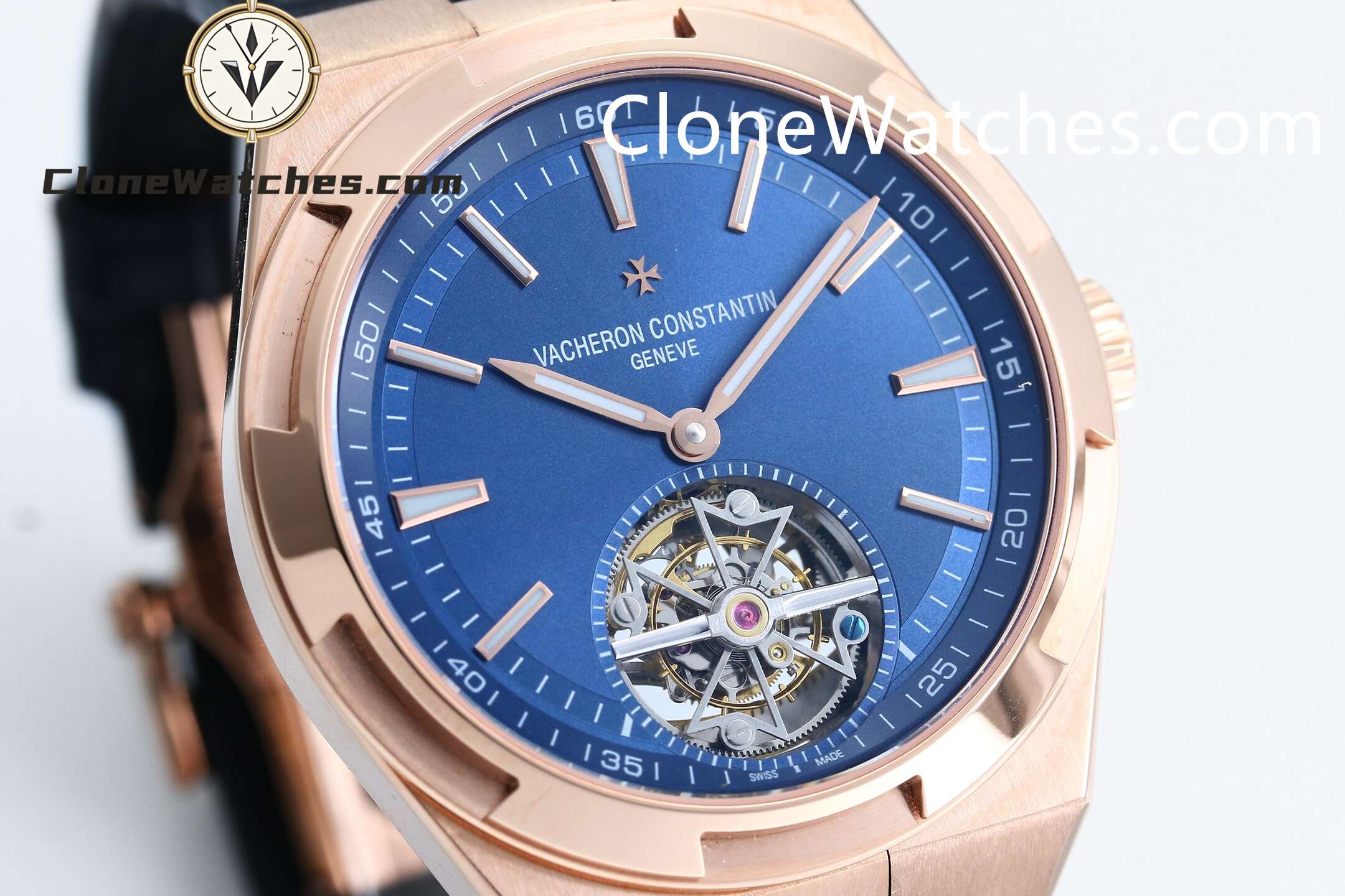 Vacheron Constantin Super Clone Watches 1:1 Overseas Rose Gold Tourbillon 6000V/210R-B733 42.5MM Leather Strap