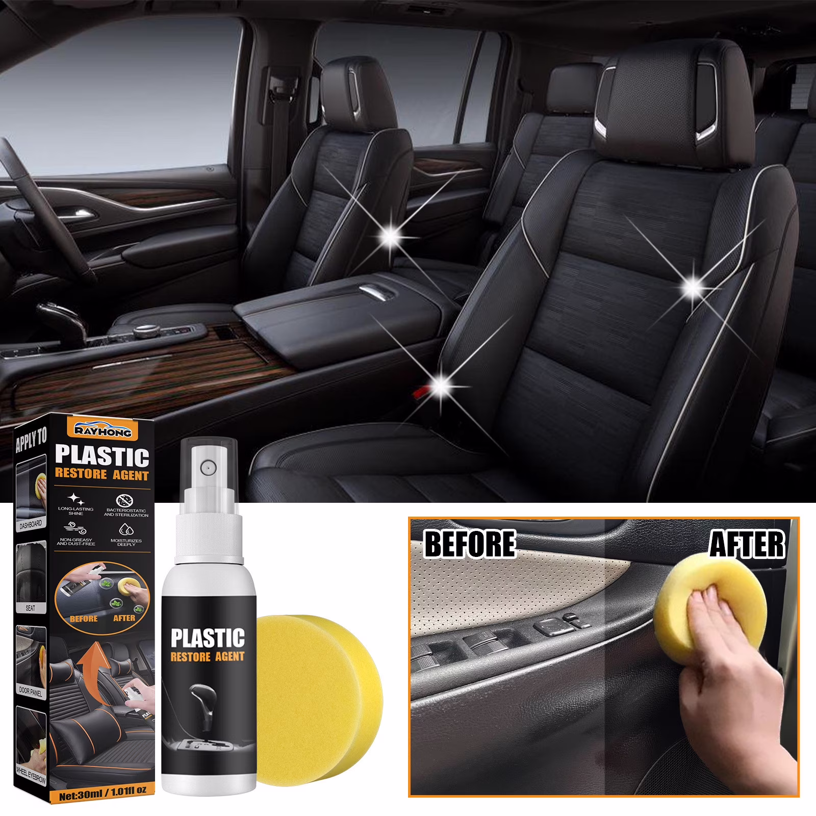 Dashboard Cleaner and Plastic , Interior Protectant for Car Detailing, Hydrophobic Coating Against UV Damage, Scratch Removal Kit with Sponge, 1 fl oz