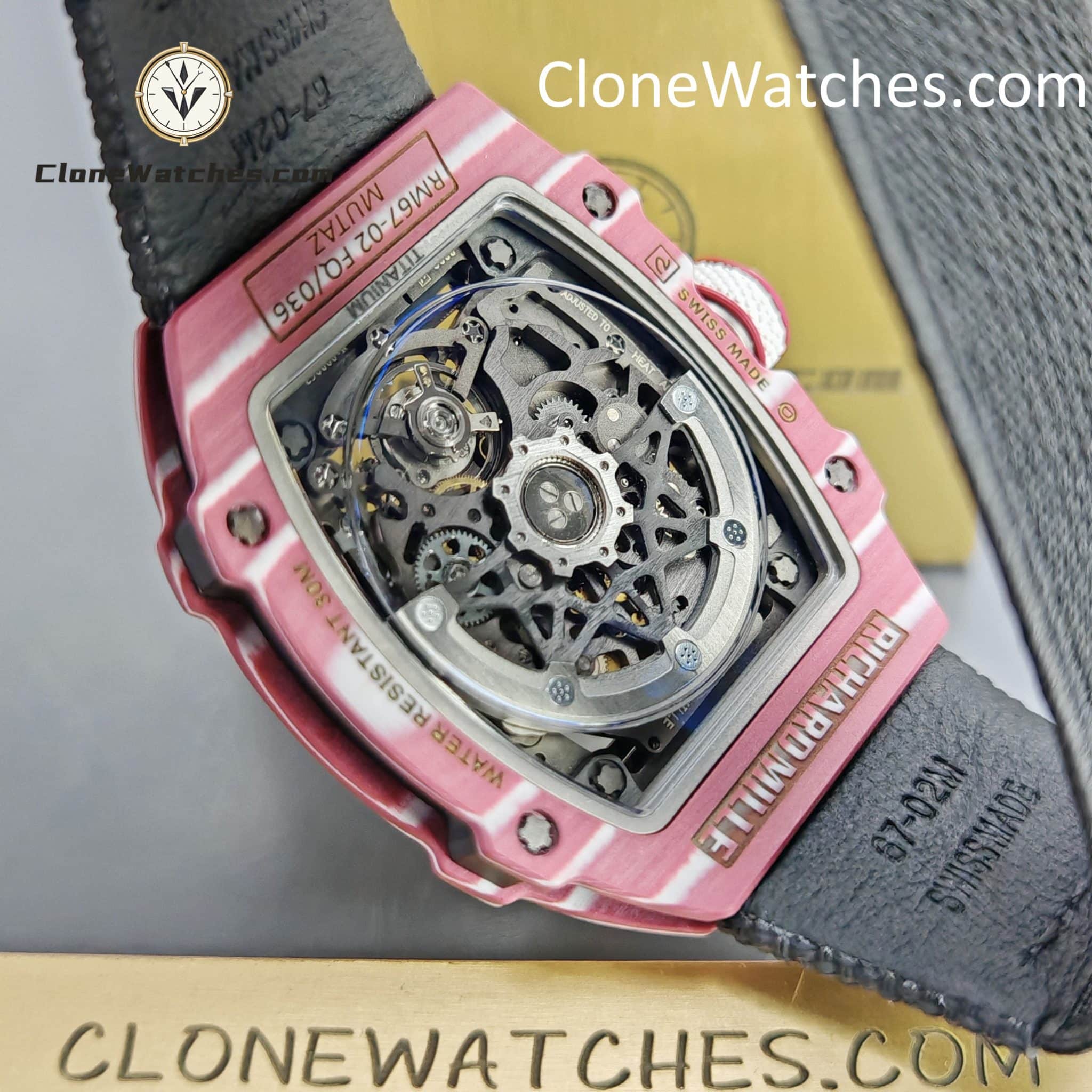 Richard Mille Super Clone Watches 1:1 RM 67 – 02 Red Carbon Tourbillon White Strap