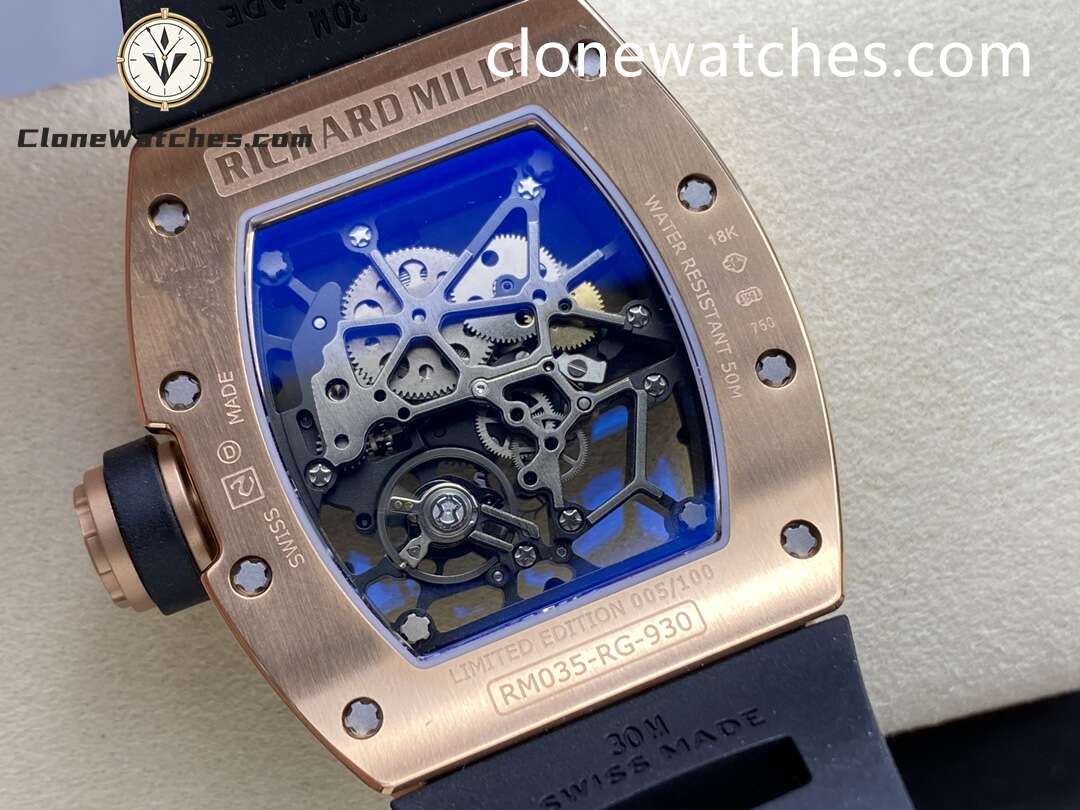 Richard Mille Super Clone Watches 1:1 RM 035 Americas Rose Gold Black Strap