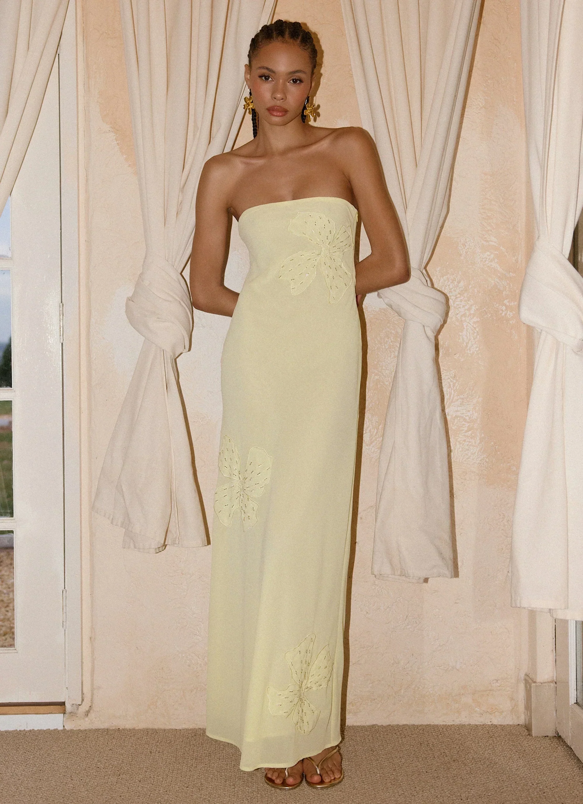 Sassafras Beaded Flower Strapless Maxi Dress - Yellow