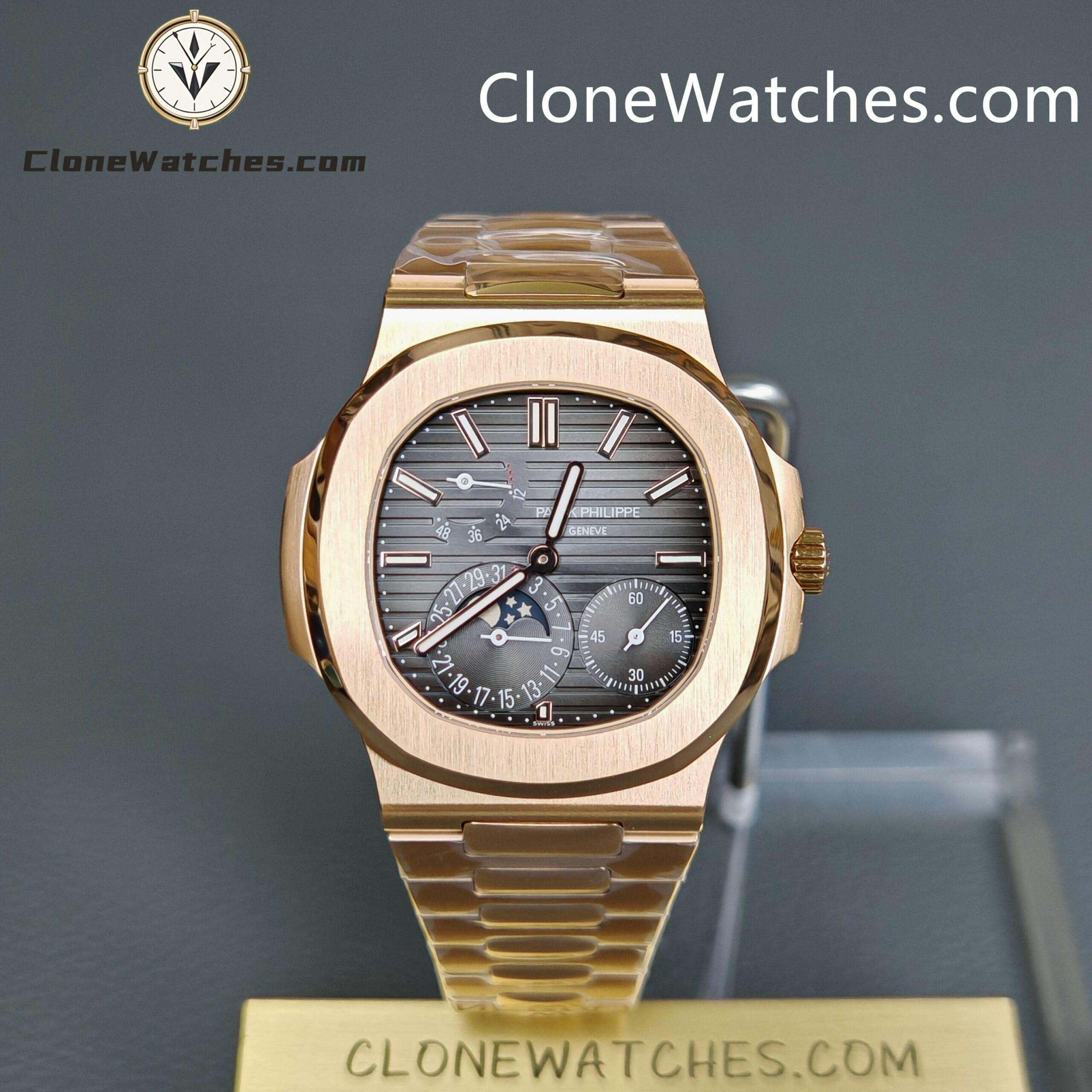 Patek Philippe Super Clone Watches 1:1 Nautilus Moon Phase 18K Rose Gold 5712 Grey Dial New Clasp