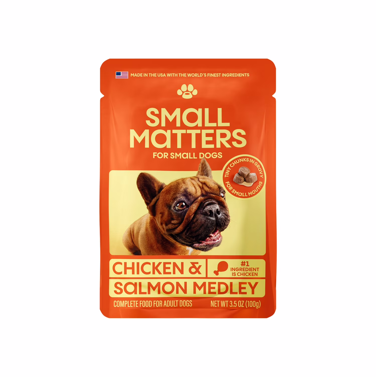 Small Matters Adult Dog Food for Small Dogs, Chicken & Salmon Medley Chunks in Gravy, 3.5oz Pouch