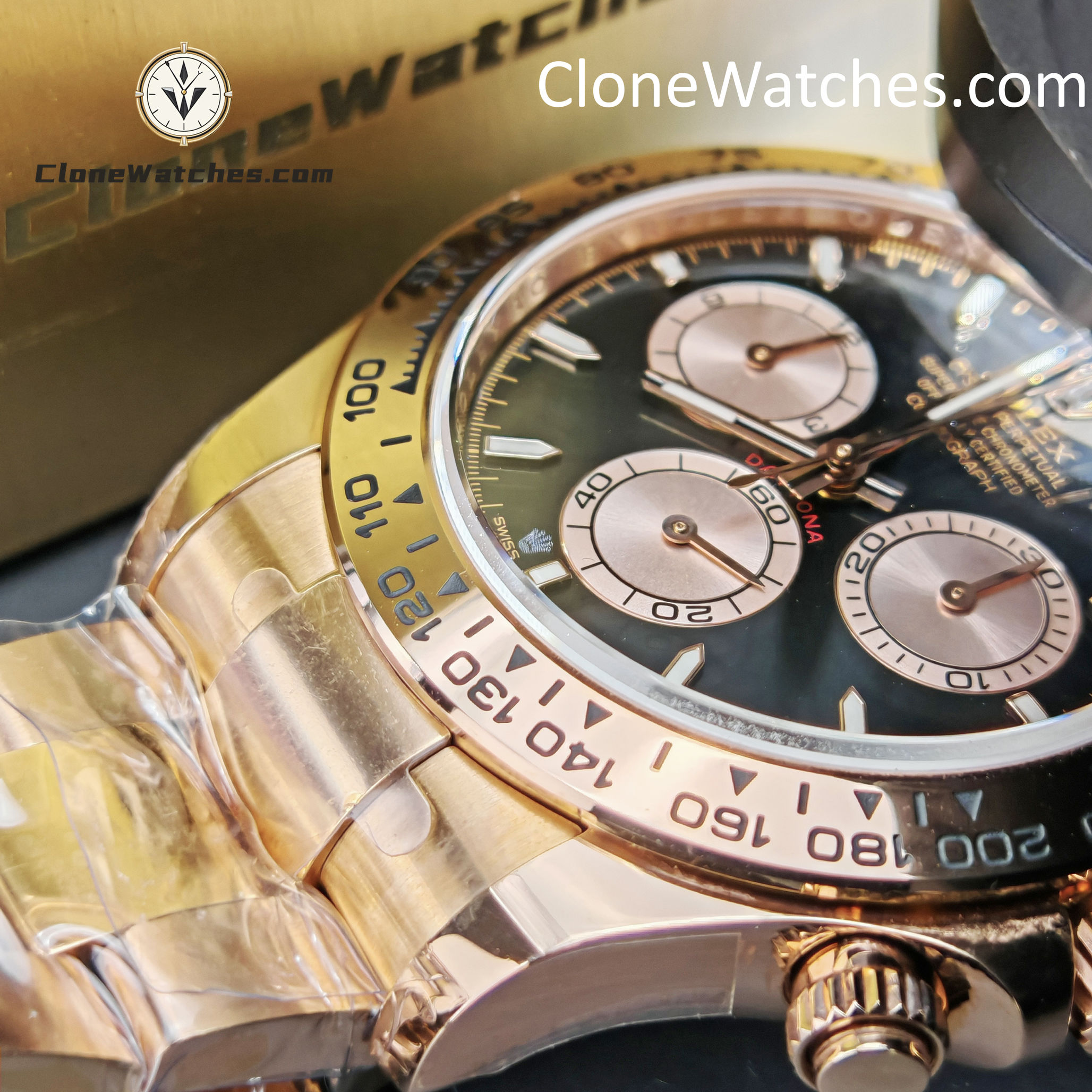 Rolex Super Clone Watches 1:1 Daytona 18K Rose Gold Black Dial m126505-0001 4131 Movement