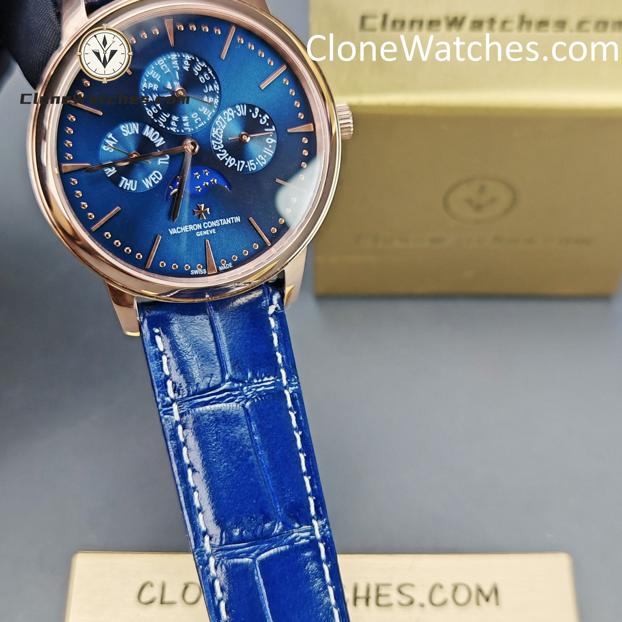 Vacheron Constantin Super Clone Watches 1:1 Patrimony Perpetual Calendar Rose Gold 43175/000R-B519 Blue Dial