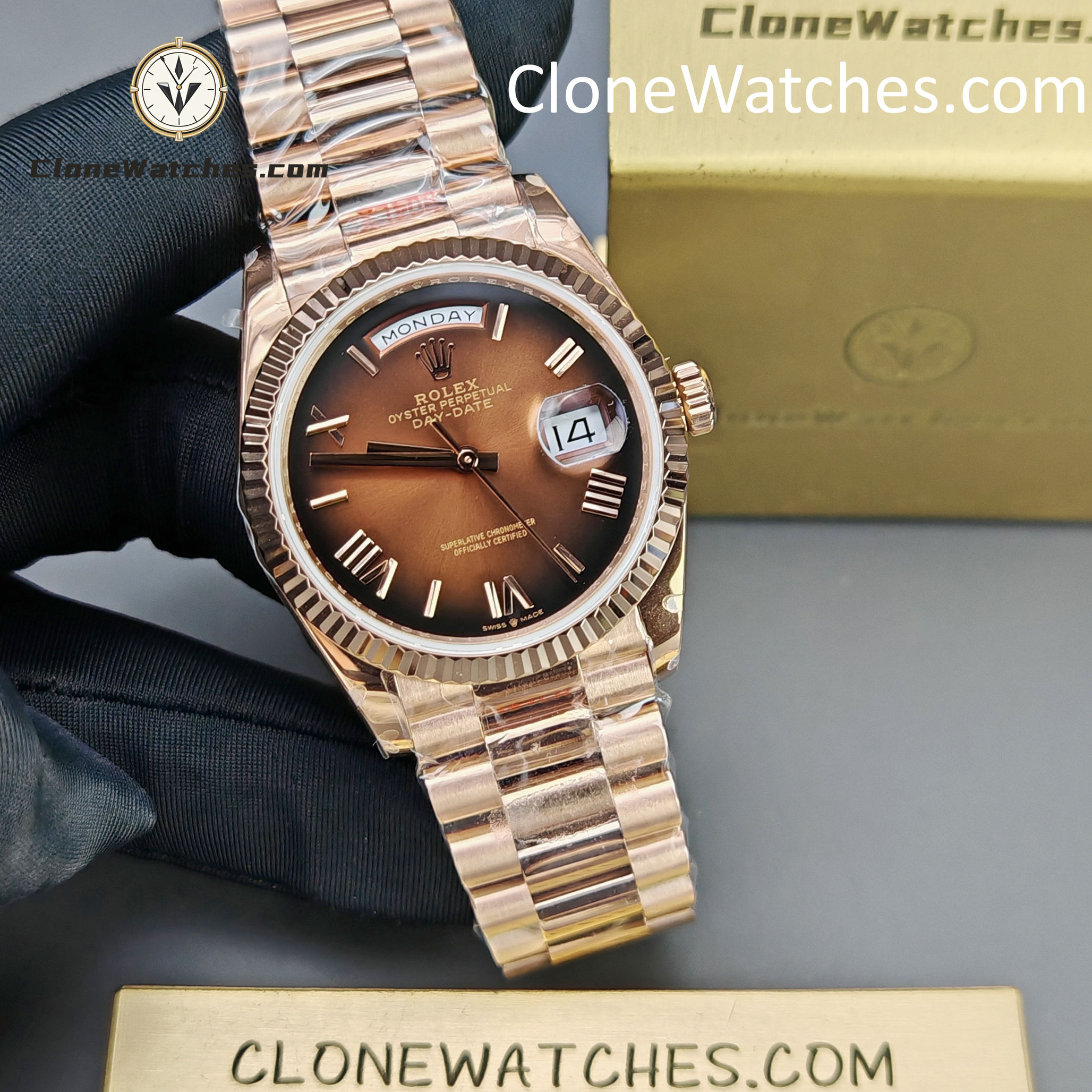 Rolex Super Clone Watches 1:1 Day Date Rose Gold Brown Roman Dial 36mm m128235-0075 3255 Movement