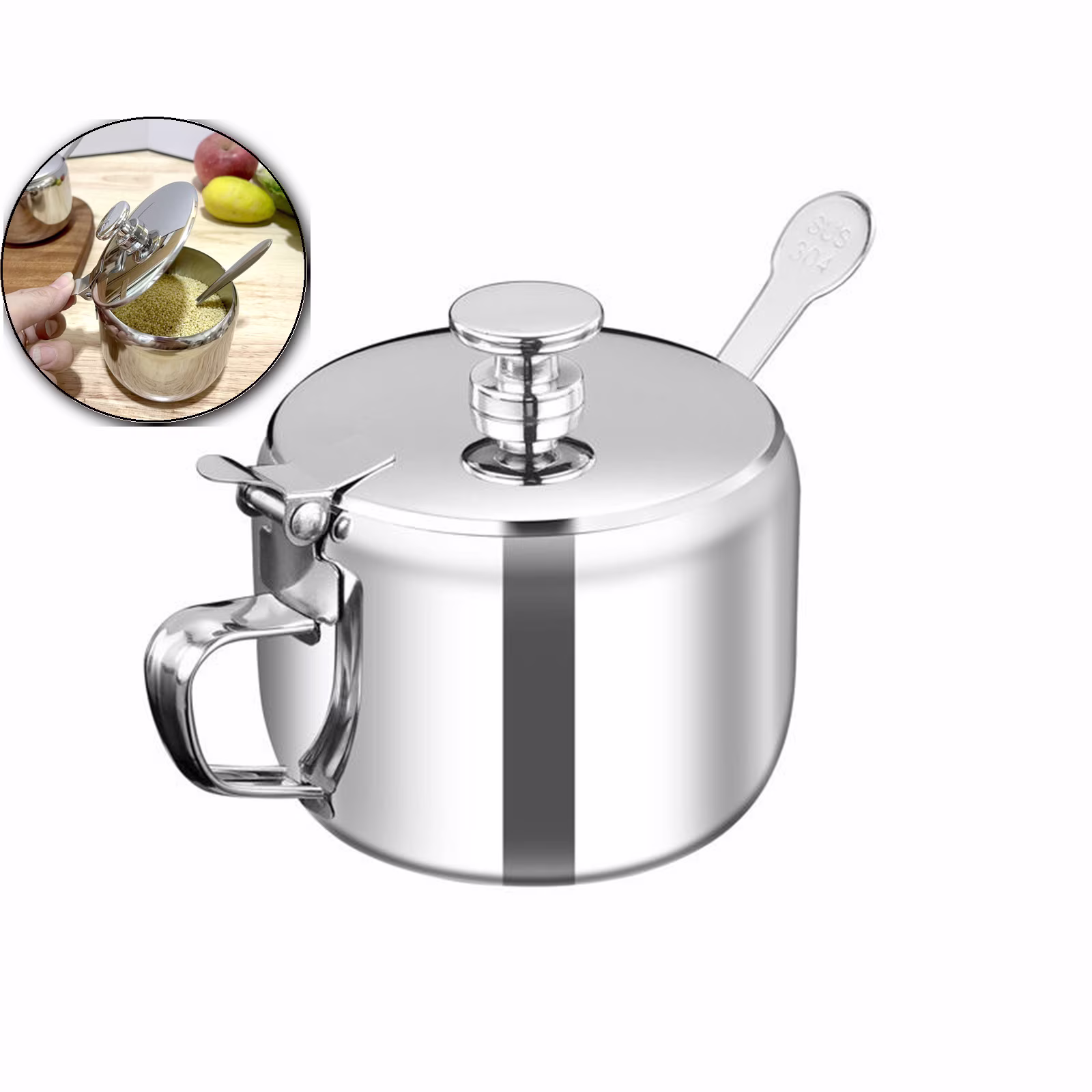 VQPeo Stainless Steel Sugar Bowl with Lid and Spoon Coffee Seasoning Jar Condiment Pot Spice Container Canister Cruet with Lid and Spoon