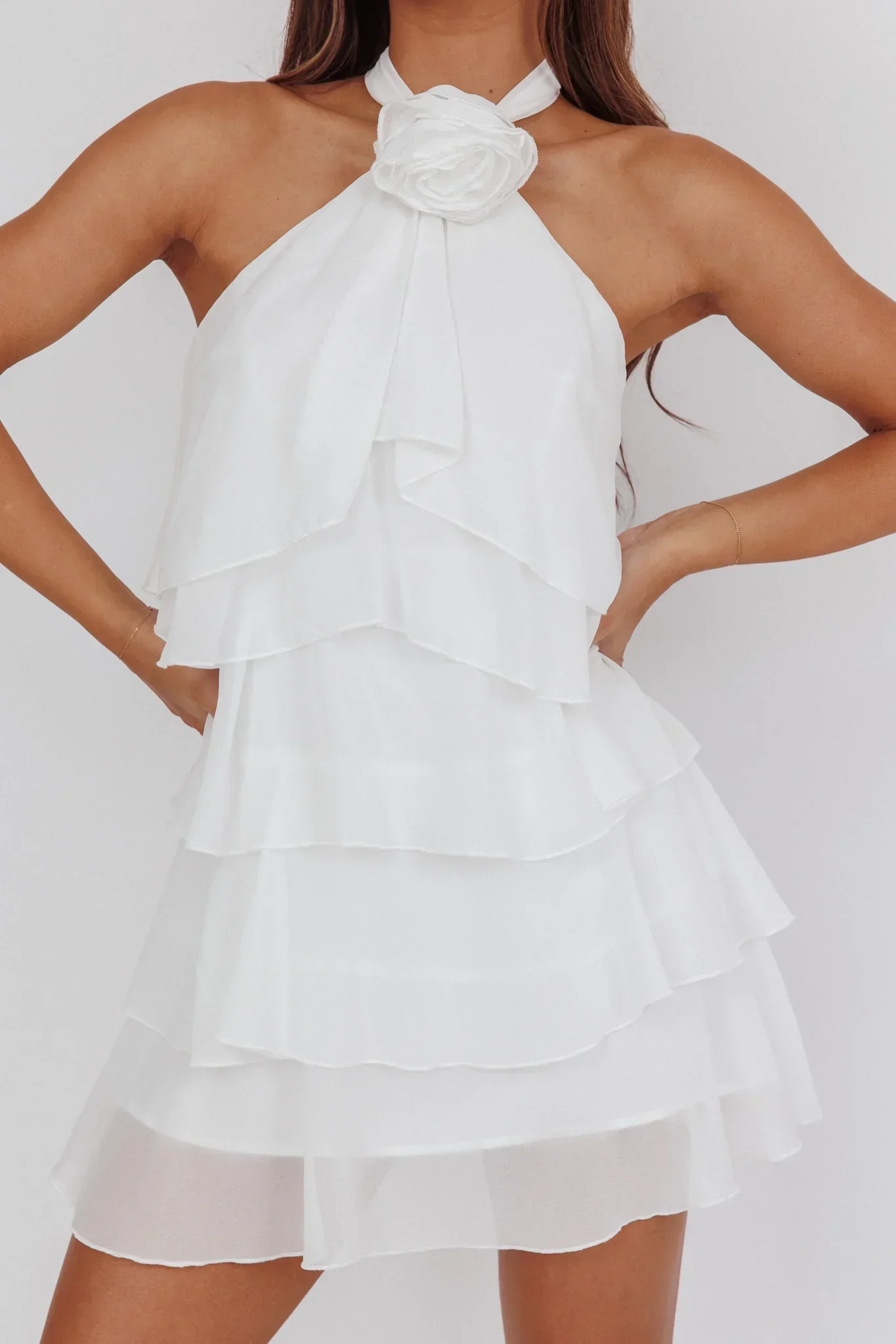 Southern Belles Halterneck Ruffle Mini Dress White