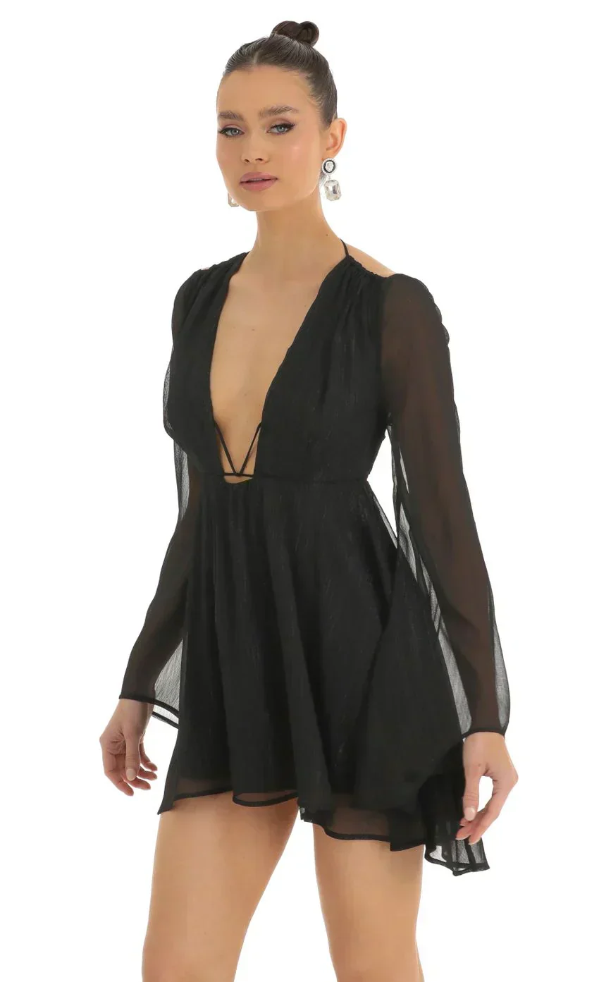 Chiffon Plunge Neck Dress in Black