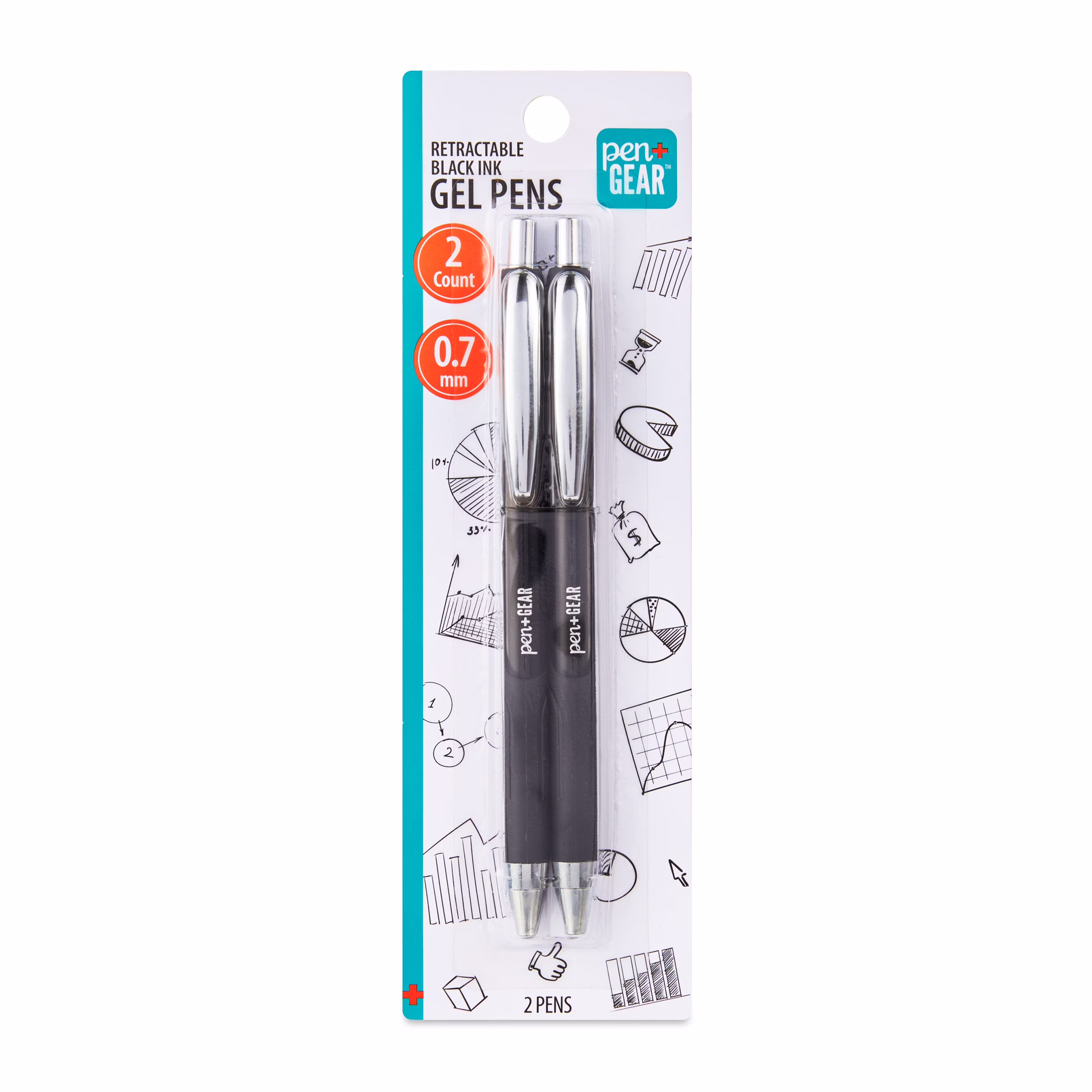 Pen+Gear Retractable Gel Pens, Medium Point, 0.7 mm, Black, 2 Count