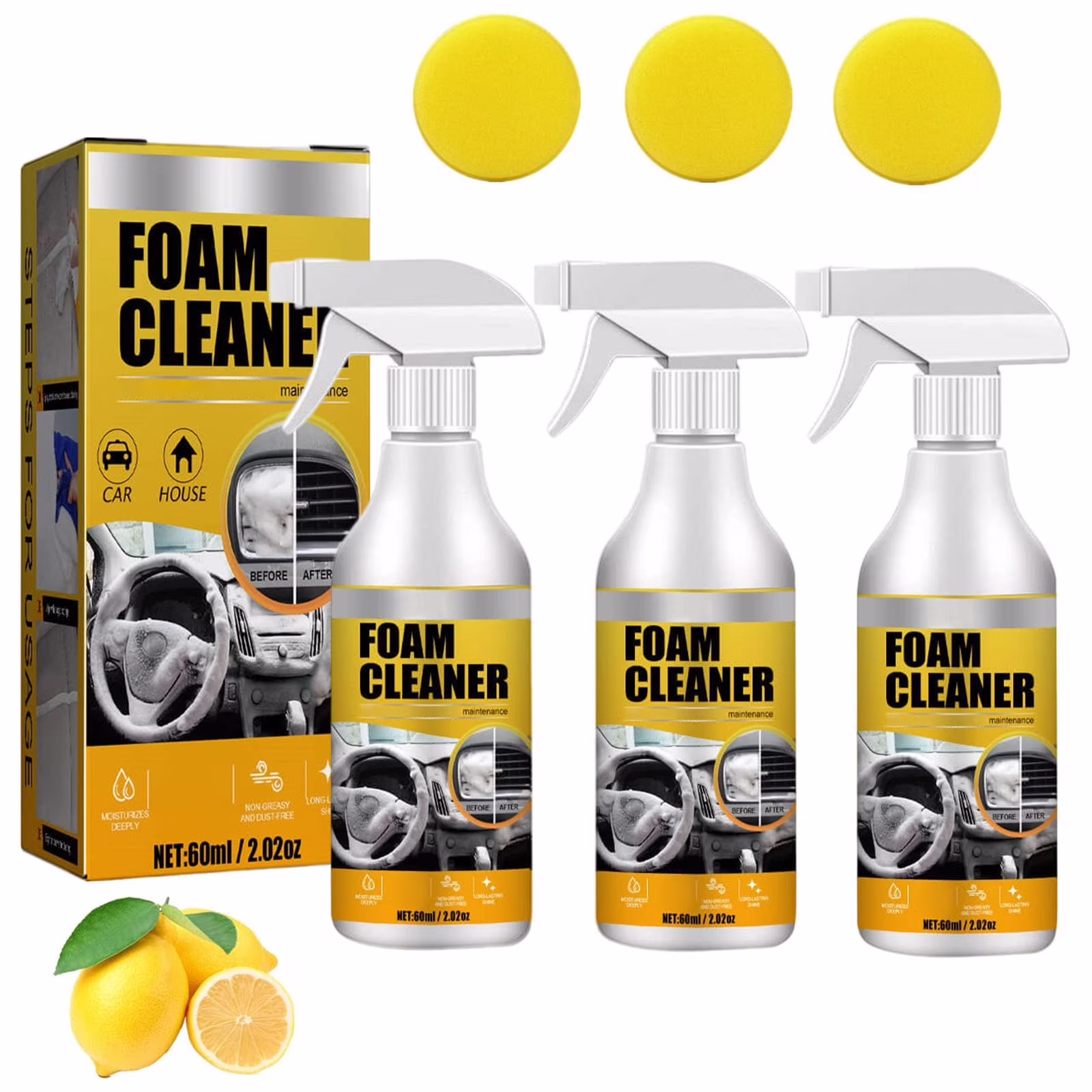 Car Interior Foam Cleaner 2.02Oz, Car Detailing Kit, Auto Interior Cleaning Supplies for Seat, Upholstery, Carpet, Dashboards, Plastic, Leather, Glass, Fabric(3Pc)