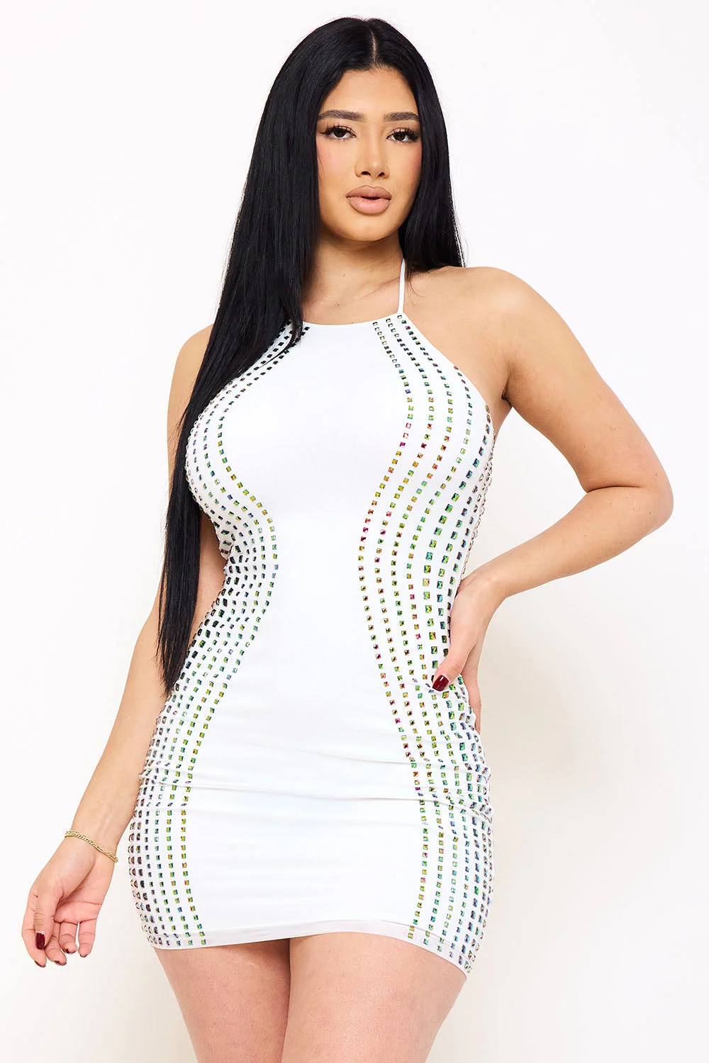 Symphony Dress - Square Rhinestone Power Mesh Mini Dress