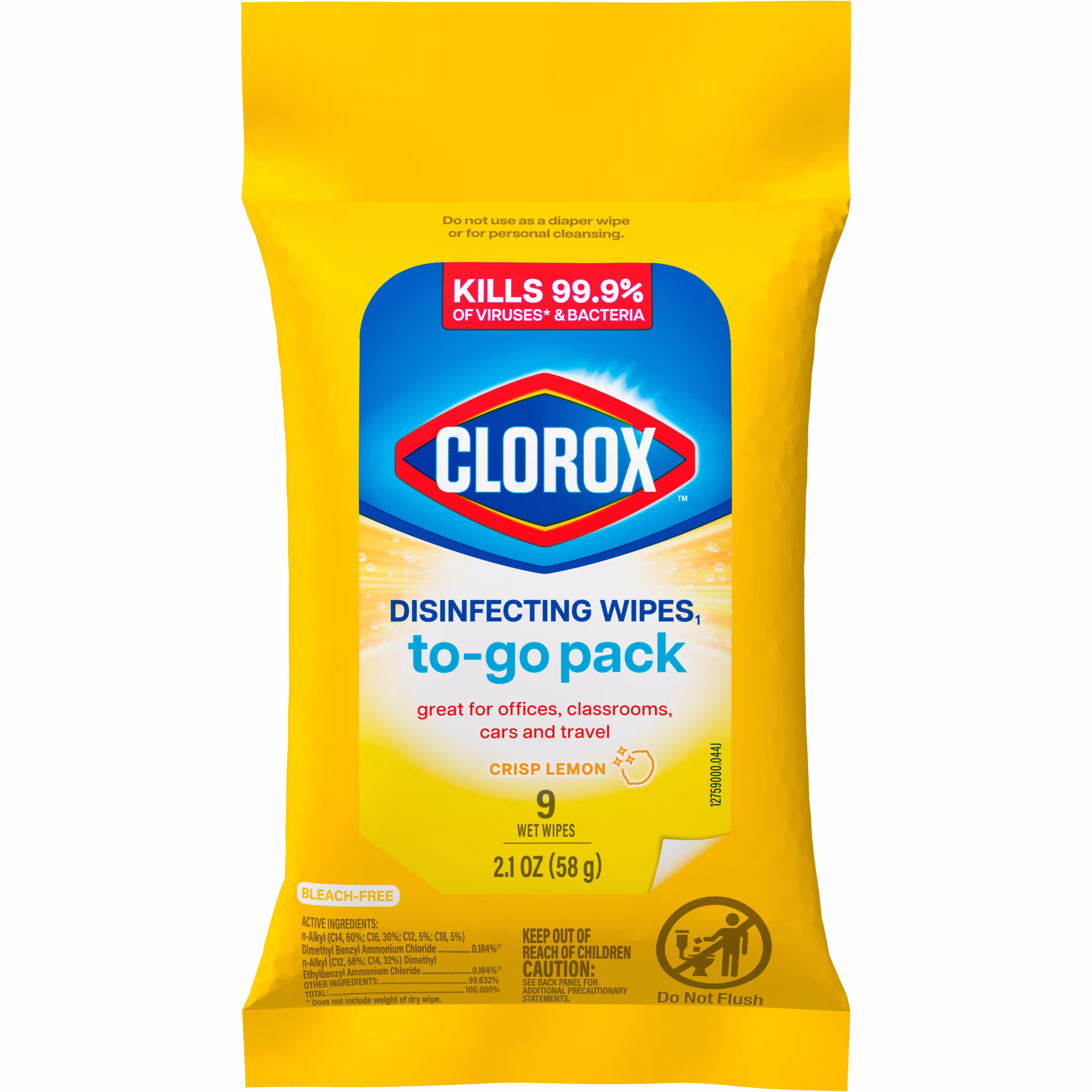 Clorox Disinfecting Cleaning Wipes To Go Pack, Bleach Free, Crisp Lemon, 9 Count