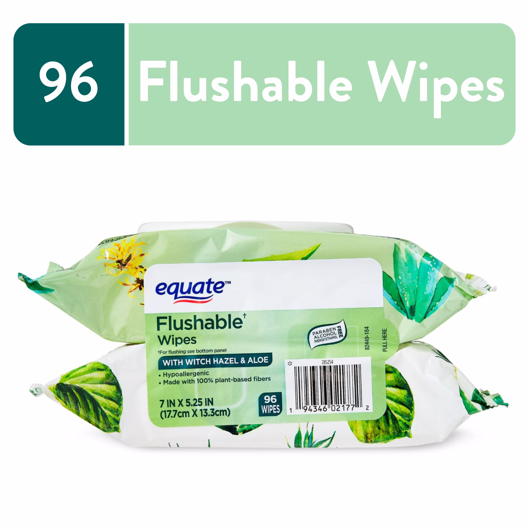 Equate Flushable Wet Wipes, Witch Hazel & Aloe, 96 Wipes, 2 Pack