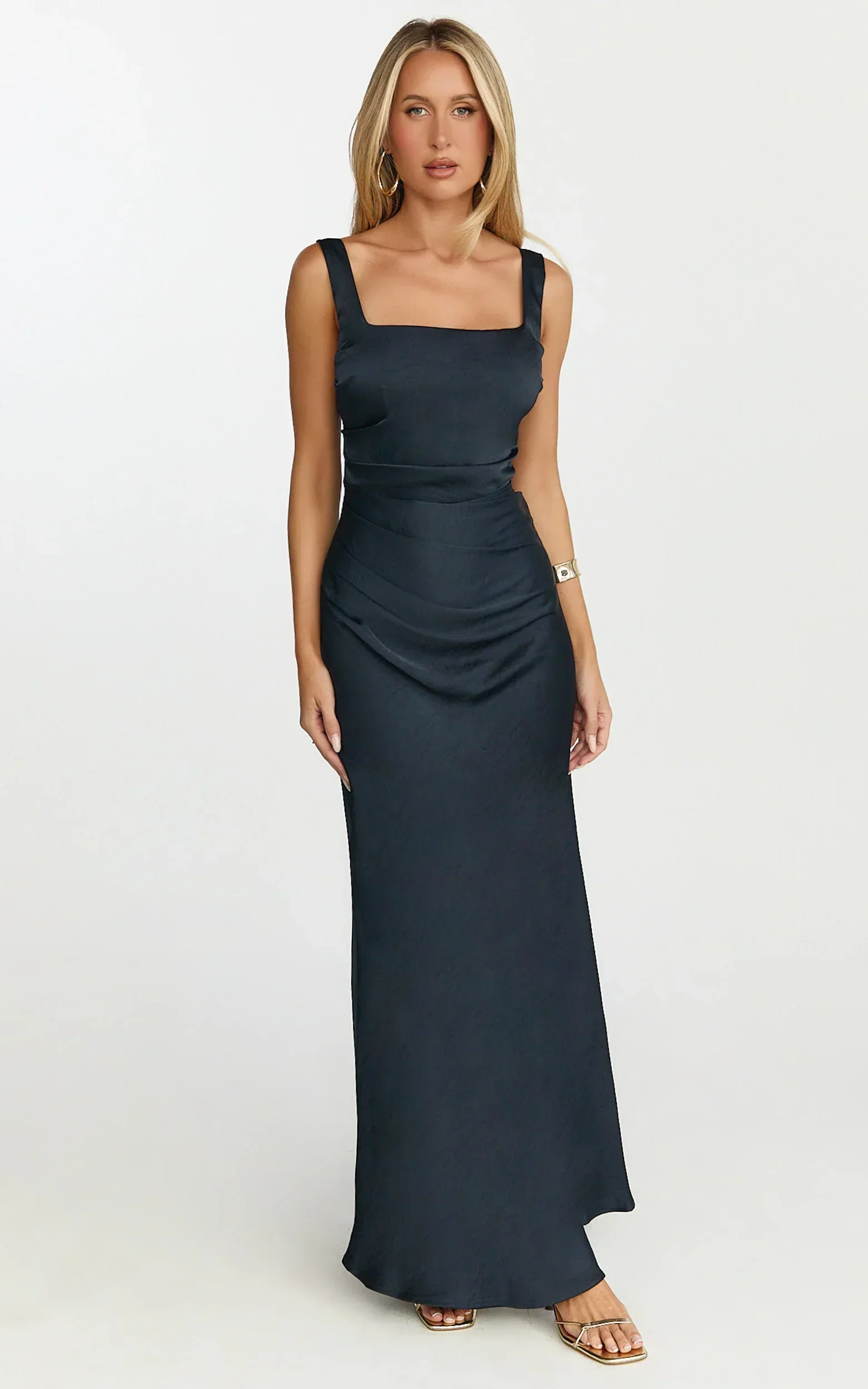 Rumi Midi Dress - Rushed Bodiest Satin Dress in Navy